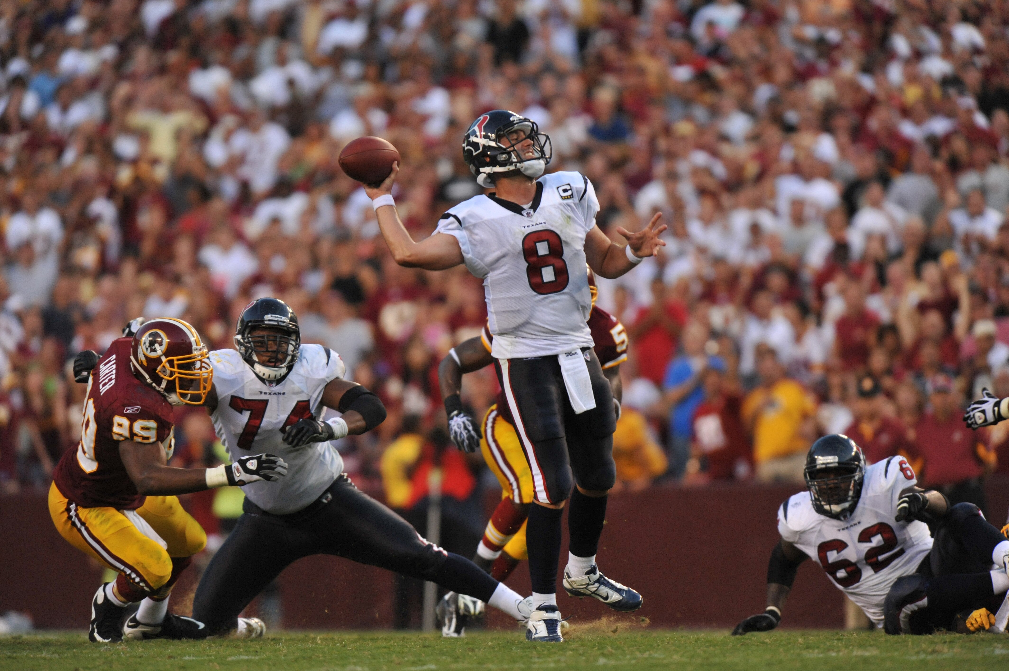 LANDOVER - SEPTEMBER 19:  Matt Schaub #8 of the Houston Texans passes during the game against the Washington Redskins at FedExField on September 19, 2010 in Landover, Maryland. The Texans defeated the Redskins in overtime 30-27. (Photo by Larry French/Get