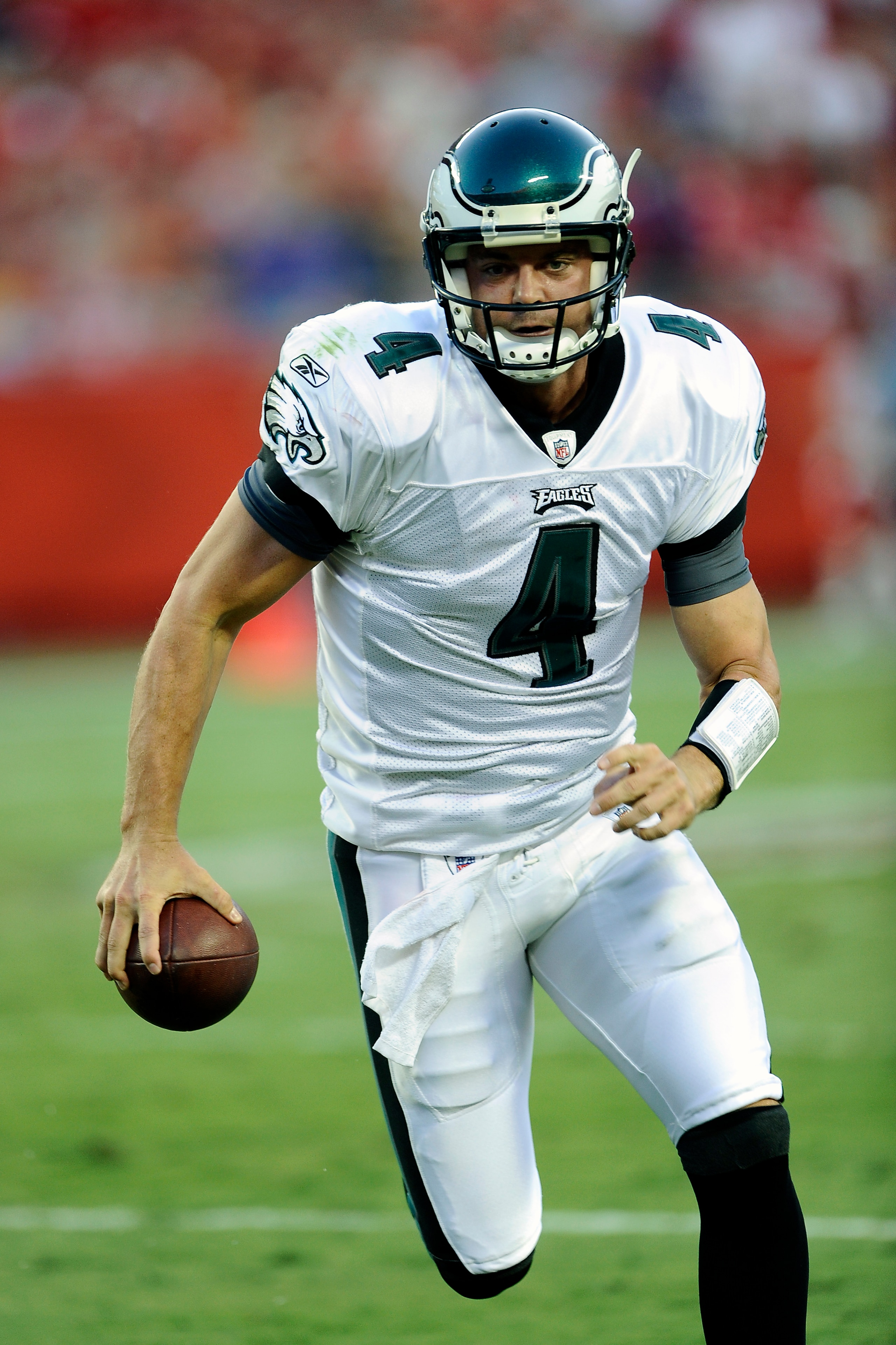 KANSAS CITY, MO - AUGUST 27: Kevin Kolb #4 of the Philadelphia Eagles runs for yardage during a preseason game against the Kansas City Chiefs at Arrowhead Stadium on August 27, 2010 in Kansas City, Missouri.  (Photo by G. Newman Lowrance/Getty Images)