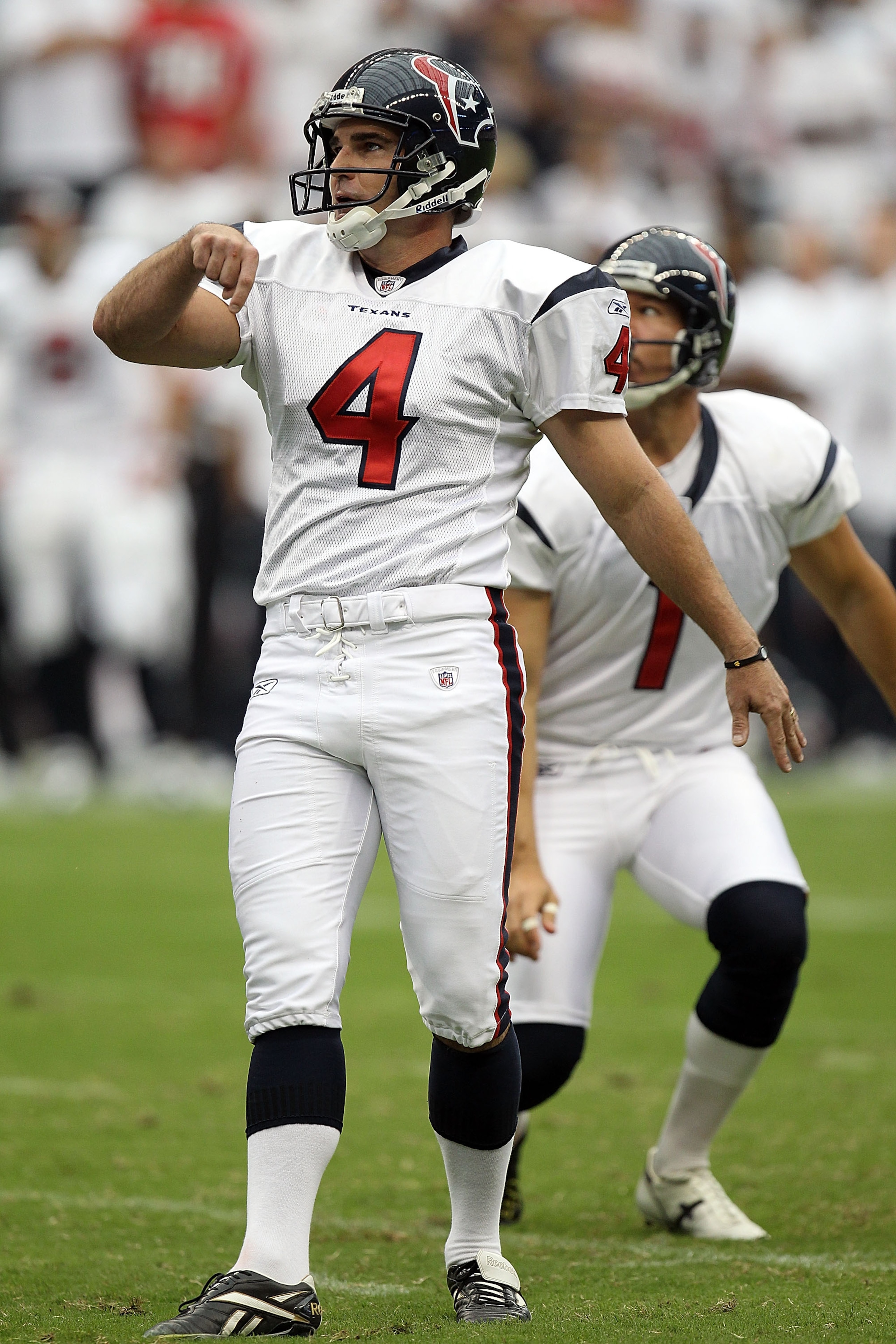 HOUSTON - SEPTEMBER 12:  Kicker Neil Rackers #4 of the Houston Texans at Reliant Stadium on September 12, 2010 in Houston, Texas.  (Photo by Ronald Martinez/Getty Images)