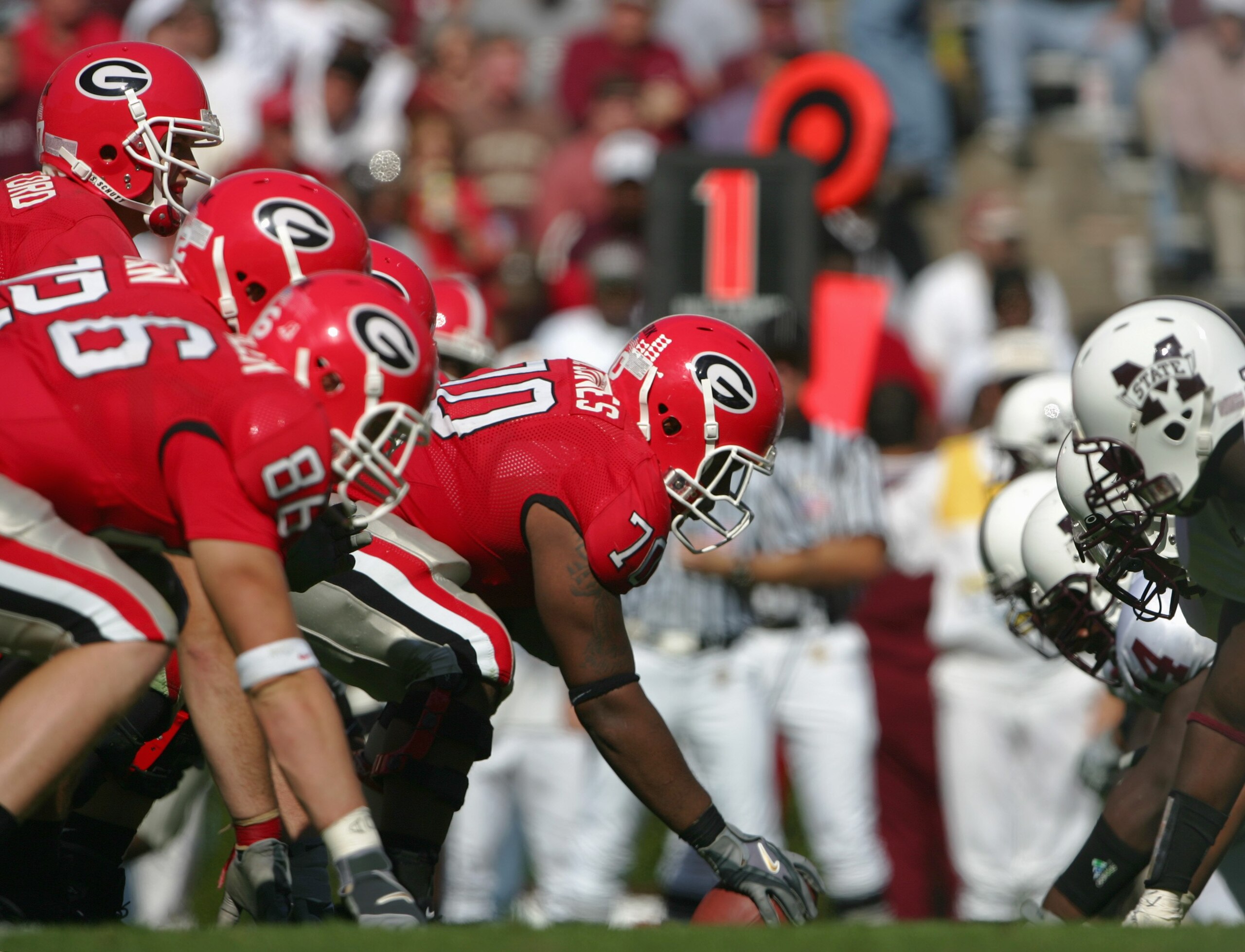 ATHENS, GA - OCTOBER 21:  Center Nick Jones #70 of the Georgia Bulldogs gets ready to hike the ball during the game against the Mississippi State Bulldogs on October 21, 2006 at Sanford Stadium in Athens, Georgia. Georgia defeated Mississippi State 27-24.