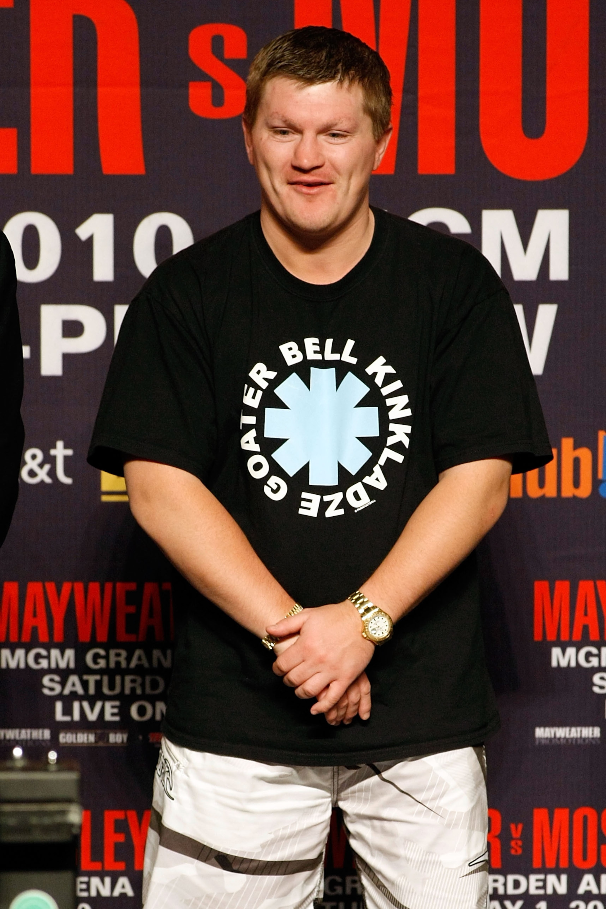 LAS VEGAS - APRIL 30:  Boxer Ricky Hatton smiles from the stage before the start of the Floyd Mayweather Jr. and Shane Mosley weigh-in at the MGM Grand Garden Arena on April 30, 2010 in Las Vegas, Nevada. Mayweather and Mosley will meet in a 12-round welt