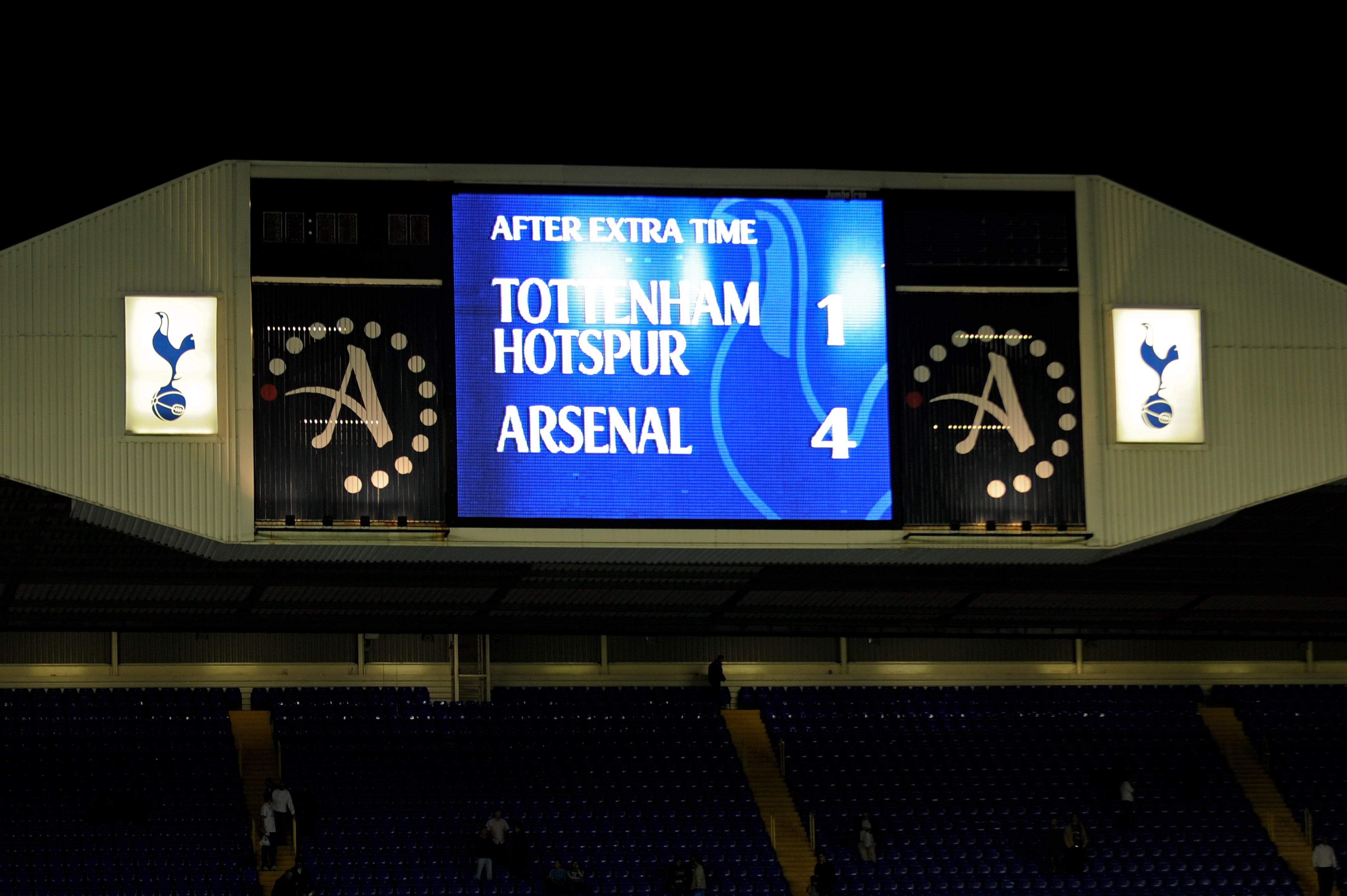 LONDON, ENGLAND - SEPTEMBER 21: The scoreboard shows the final score  during the Carling Cup third round match between Tottenham Hotspur and Arsenal at White Hart Lane on September 21, 2010 in London, England.  (Photo by Michael Regan/Getty Images)