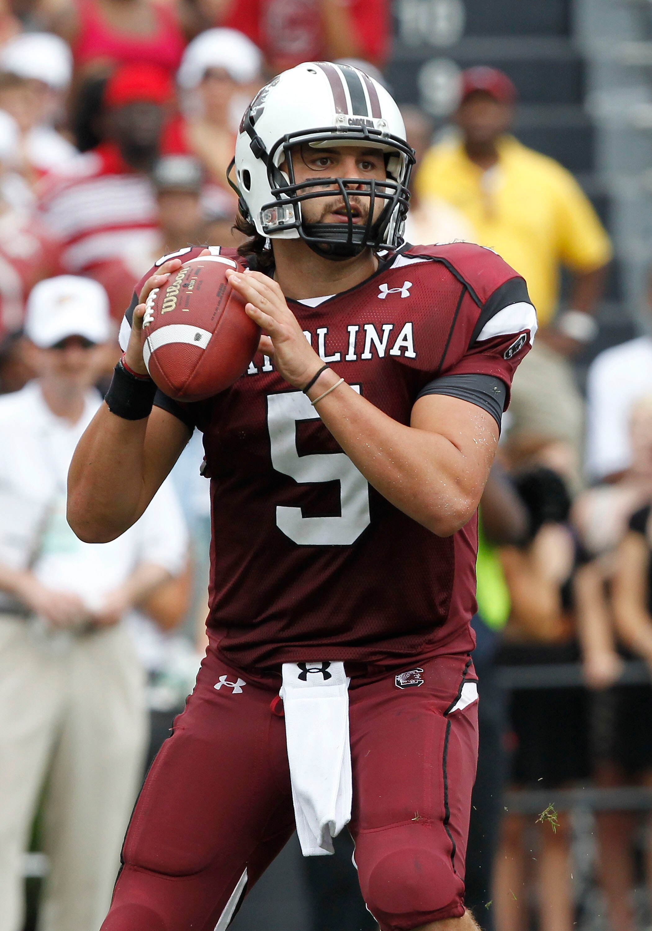 COLUMBIA, SC - SEPTEMBER 11:  Quarterback Steven Garcia #5 of the South Carolina Gamecocks looks to pass during the game against the Georgia Bulldogs at Williams-Brice Stadium on September 11, 2010 in Columbia, South Carolina.  The Gamecocks beat the Bull