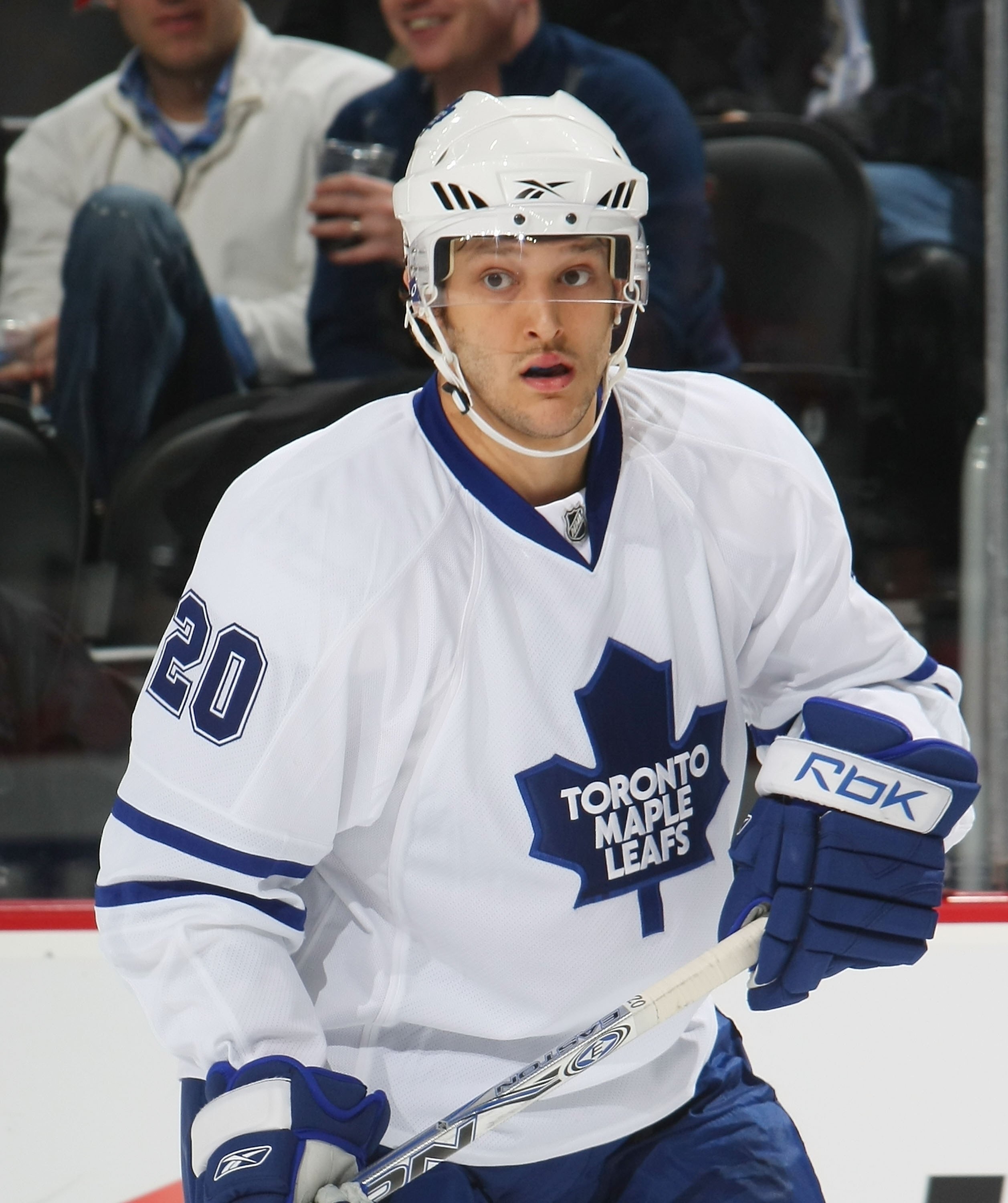 NEWARK, NJ - APRIL 07: Christian Hanson #20 of the Toronto Maple Leafs skates against the New Jersey Devils on April 7, 2009 at the Prudential Center in Newark, New Jersey. The Maple Leafs defeated the Devils 4-1. (Photo by Bruce Bennett/Getty Images)