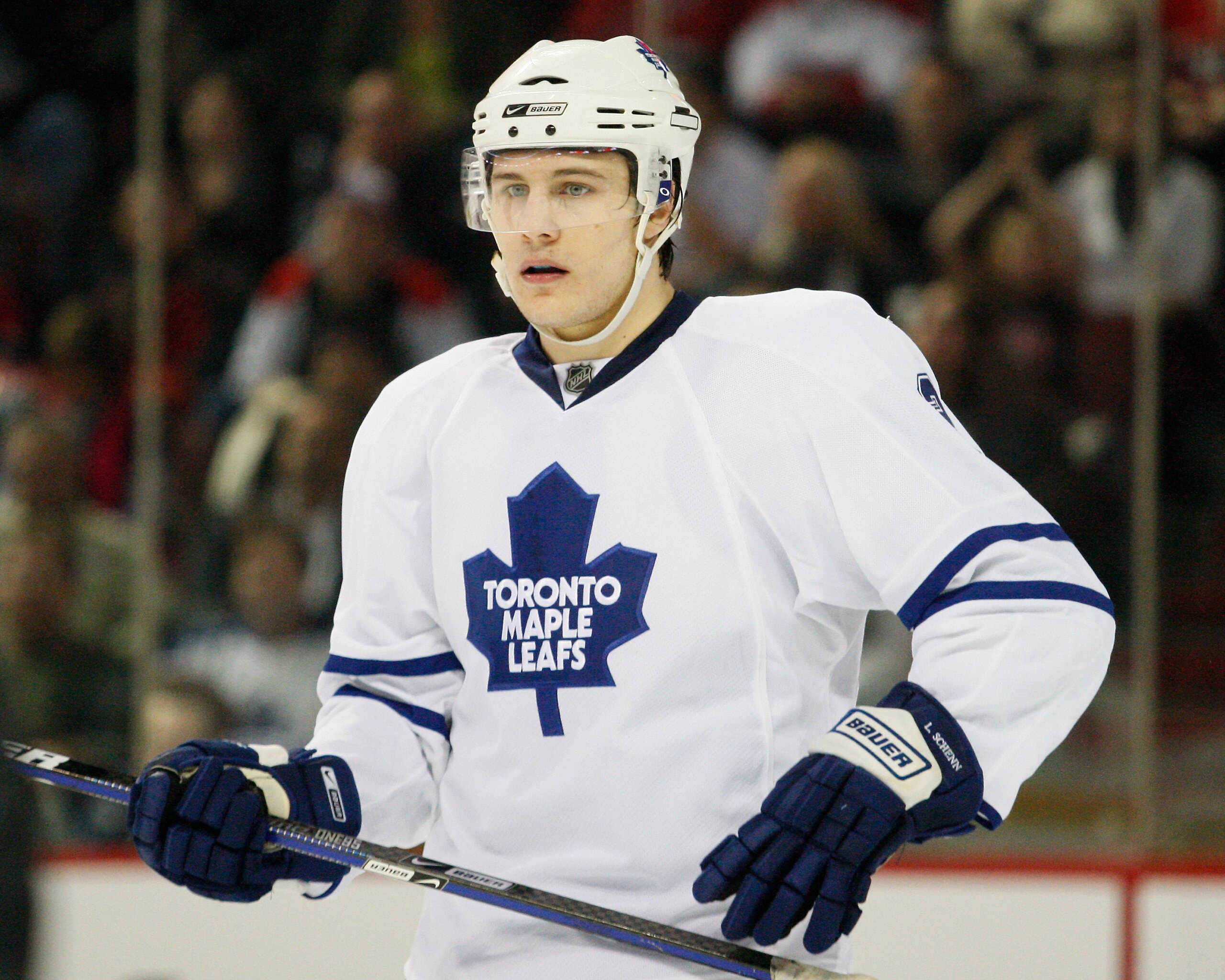 MONTREAL- JANUARY 8:  Luke Schenn #2 of the Toronto Maple Leafs waits for a faceoff during the game against the Montreal Canadiens at the Bell Centre on January 08, 2009 in Montreal, Quebec, Canada.   The Canadiens defeated the Maple Leafs 6-2.  (Photo by