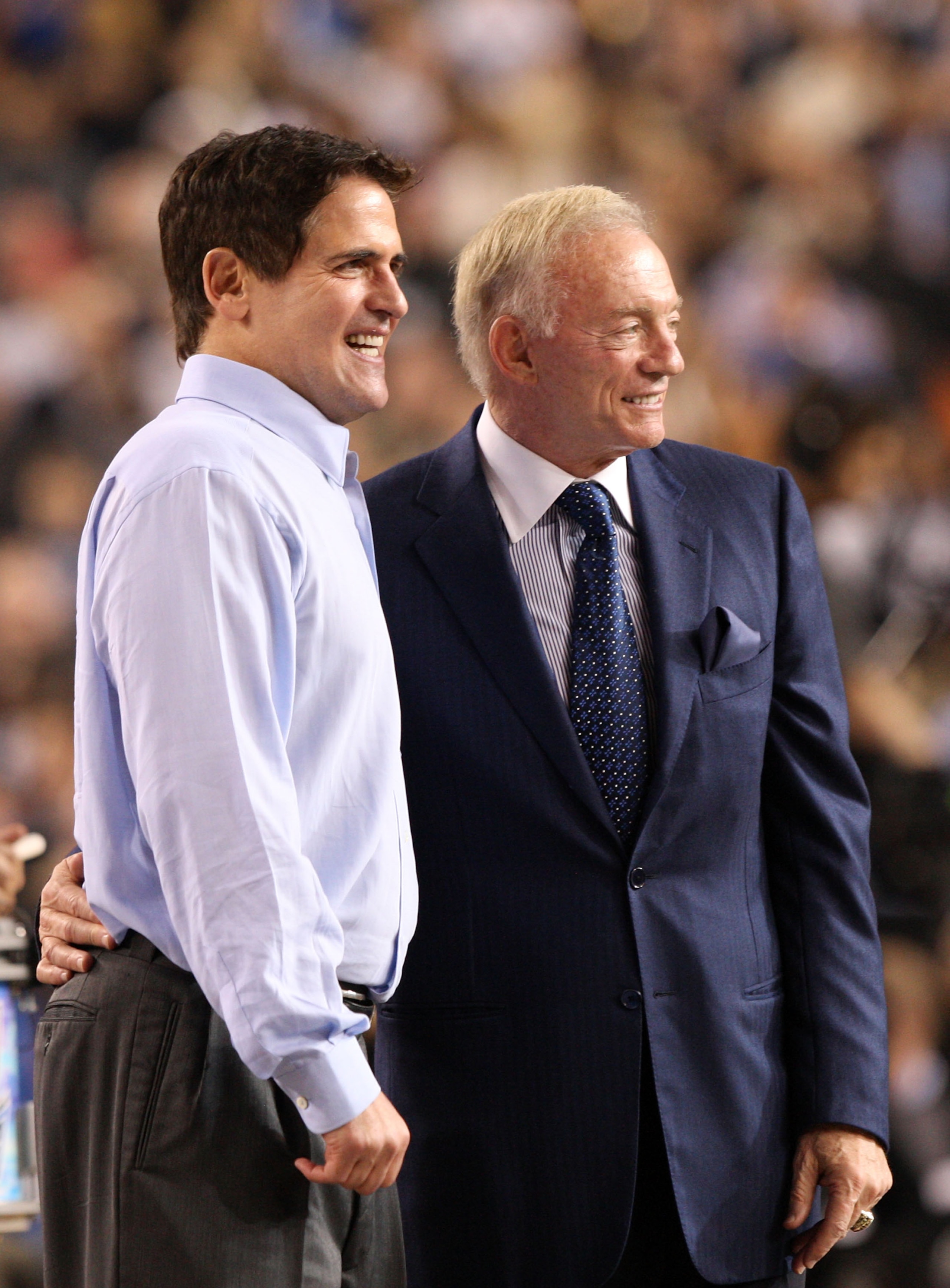 ARLINGTON, TX - FEBRUARY 14:  Owner and general manager of the Dallas Cowboys Jerry Jones (R) and owner of the Dallas Mavericks Mark Cuban look on during the NBA All-Star Game, part of 2010 NBA All-Star Weekend at Cowboys Stadium on February 14, 2010 in A