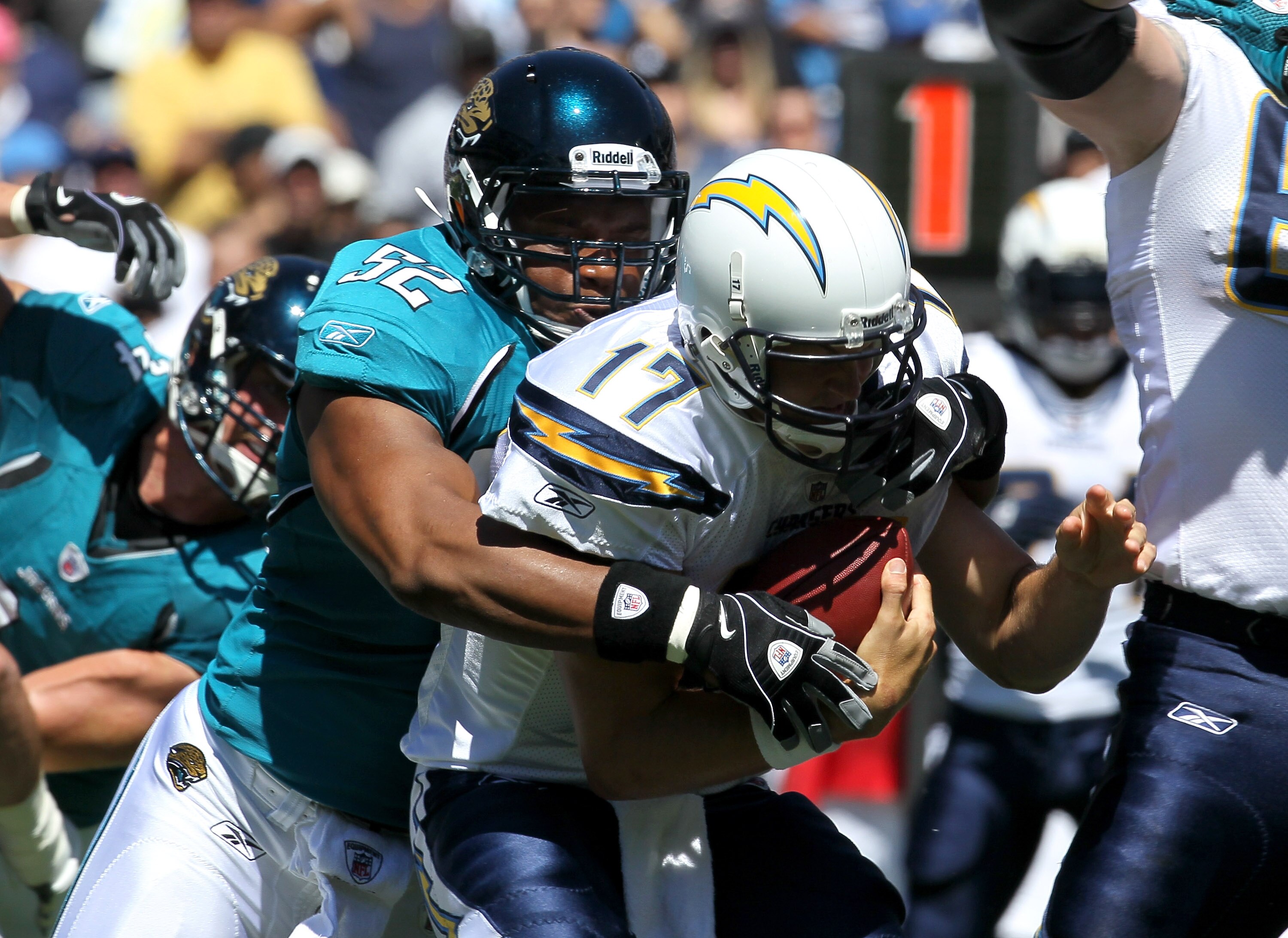 SAN DIEGO - SEPTEMBER 19:  Linebacker Daryl Smith #52 of the Jacksonville Jaguars sacks quarterback Philip Rivers #17 of the San Diego Chargers at Qualcomm Stadium on September 19, 2010 in San Diego, California.  (Photo by Stephen Dunn/Getty Images)