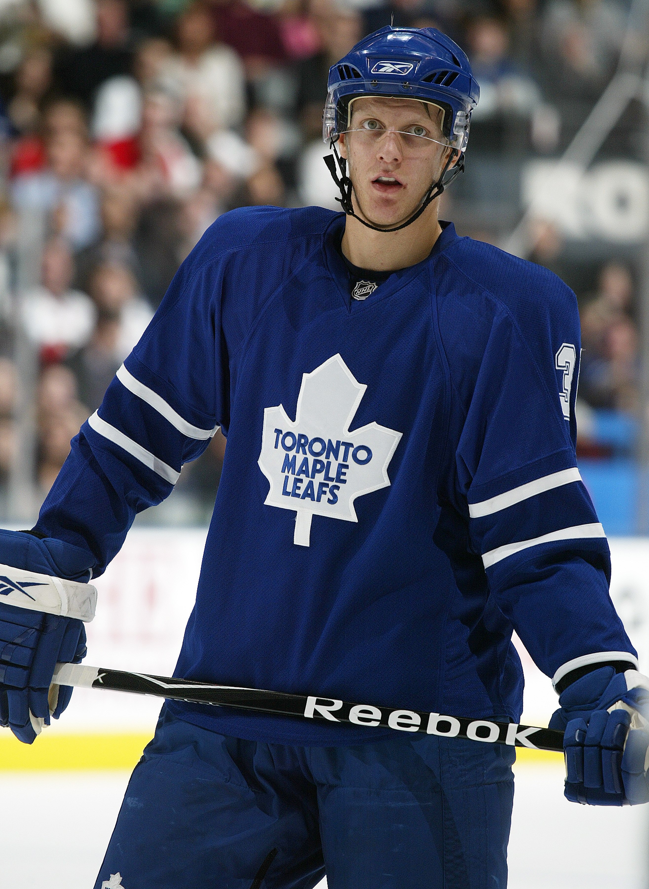 TORONTO, ON - NOVEMBER 14:  Carl Gunnarsson #36 of the Toronto Maple Leafs waits for a faceoff in a game against the Calgary Flames on November 14,2009 at the Air Canada Centre in Toronto, Ontario. The Flames won 5-2. (Photo by Claus Andersen/Getty Images
