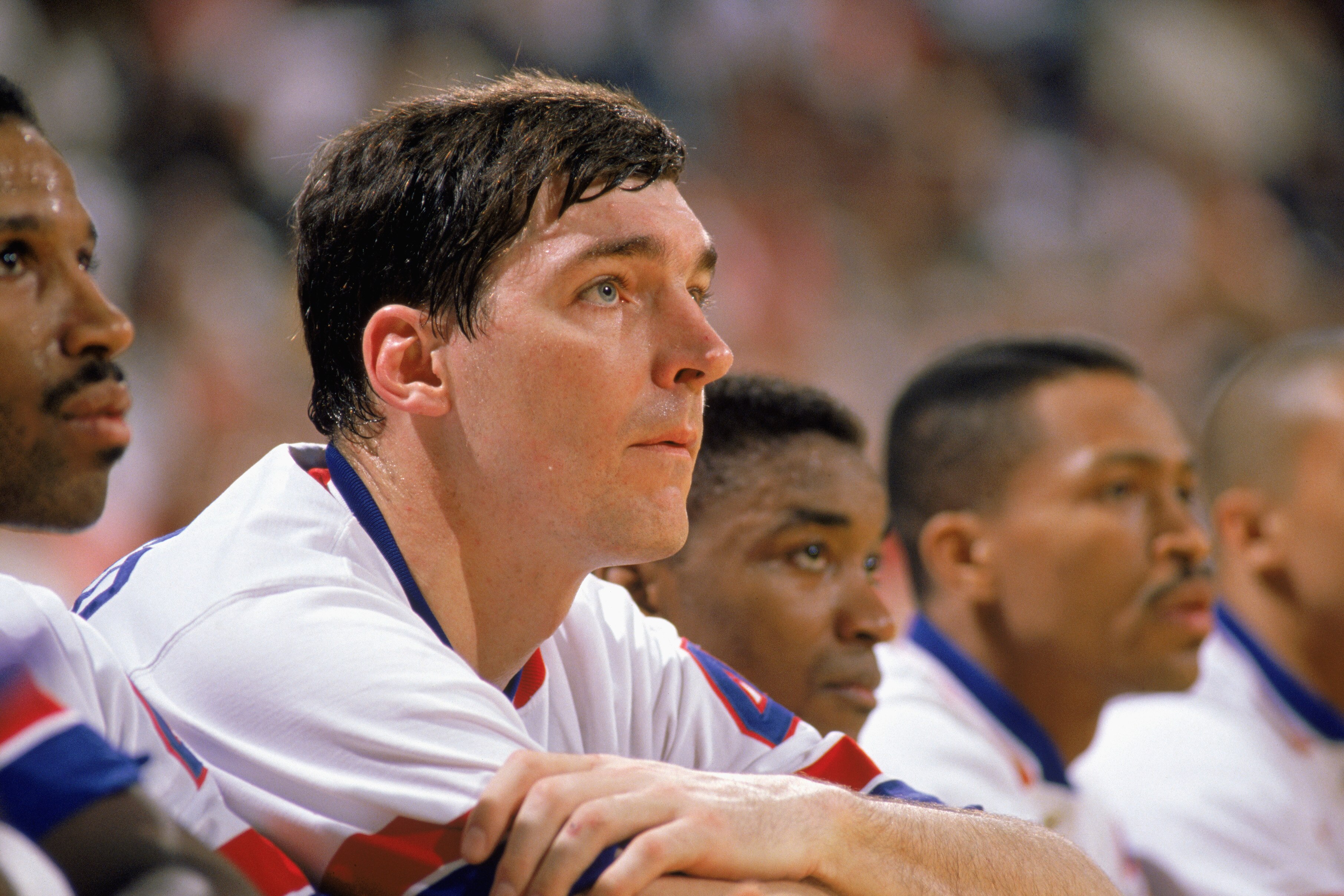 1989:  Bill Laimbeer #40 of the Detroit Pistons sits on the bench in a game during the 1988-1989 NBA season.  (Photo by Jonathan Daniel/Getty Images)