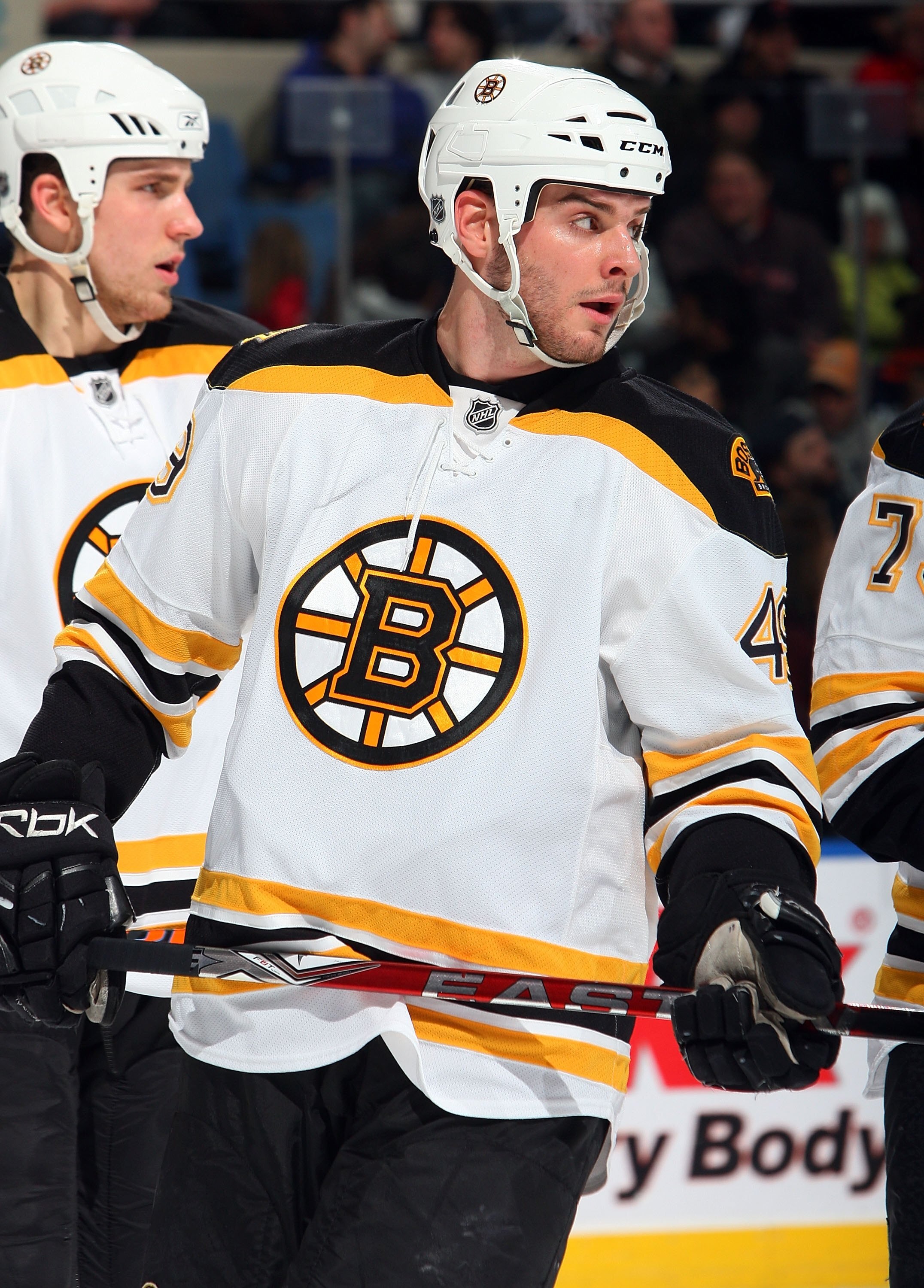 UNIONDALE, NY - JANUARY 15:  Matt Lashoff #49 of the Boston Bruins skates against the New York Islanders on January 15, 2009 at Nassau Coliseum in Uniondale, New York. The Bruins defeated the Islanders 2-1.  (Photo by Jim McIsaac/Getty Images)