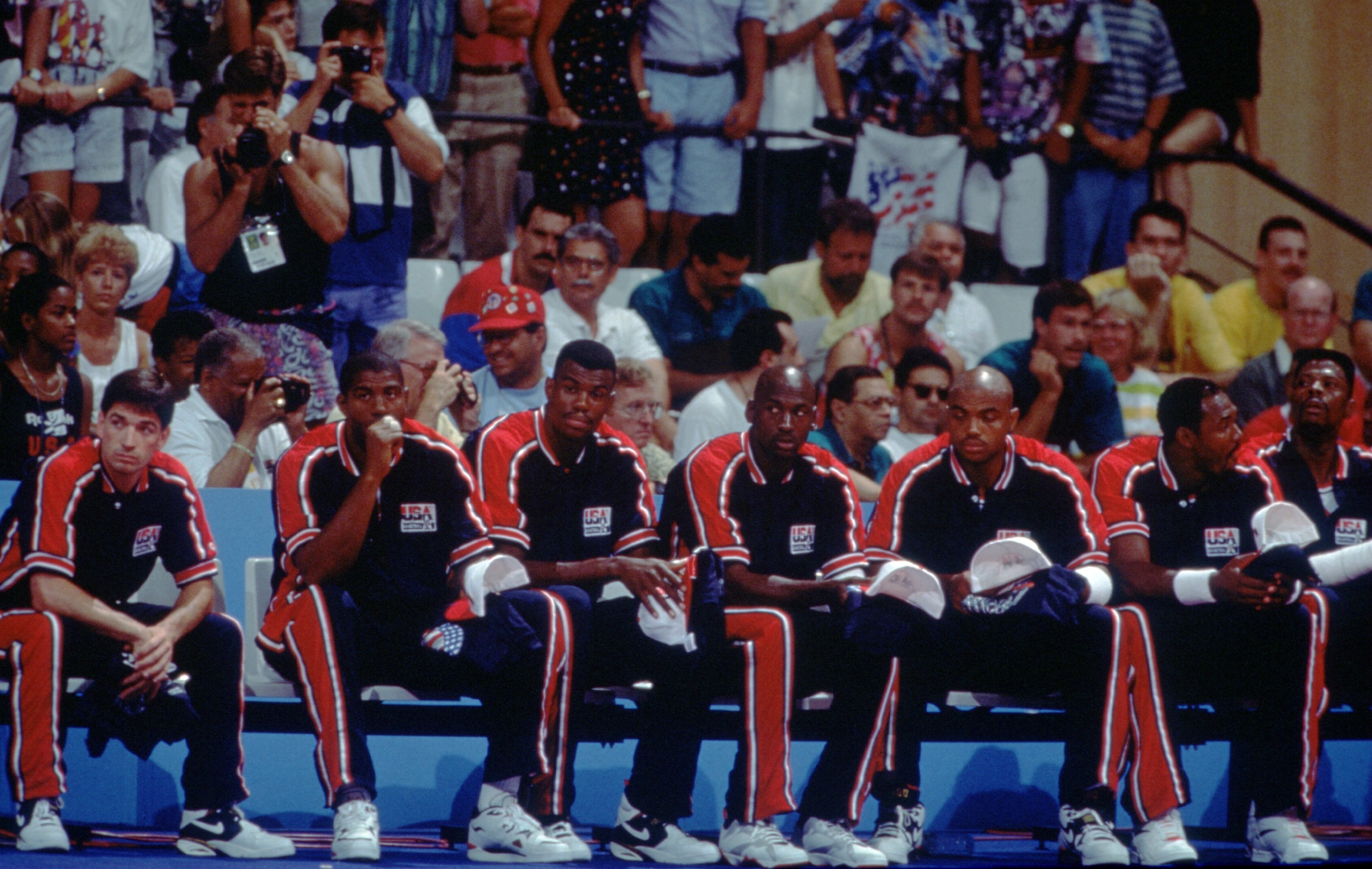 1992:  TEAM USA AWAITS THEIR NEXT MATCH DURING THE 1992 OLYMPIC GAMES IN BARCELONA. Mandatory Credit: Mike Powell/ALLSPORT