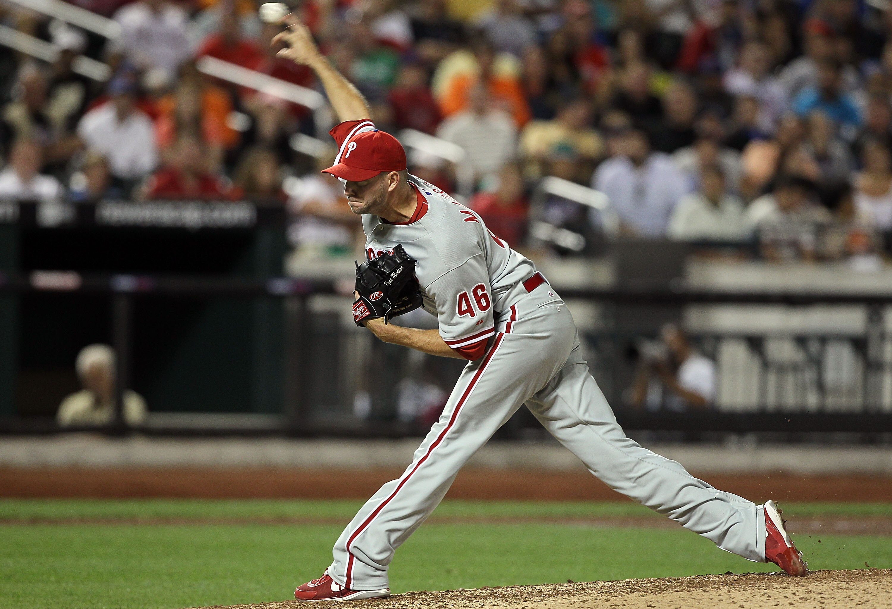 NEW YORK - AUGUST 14: Ryan Madson #46 of the Philadelphia Phillies delivers a pitch against the New York Mets on August 14, 2010 at Citi Field in the Flushing neighborhood of the Queens borough of New York City.  (Photo by Jim McIsaac/Getty Images)