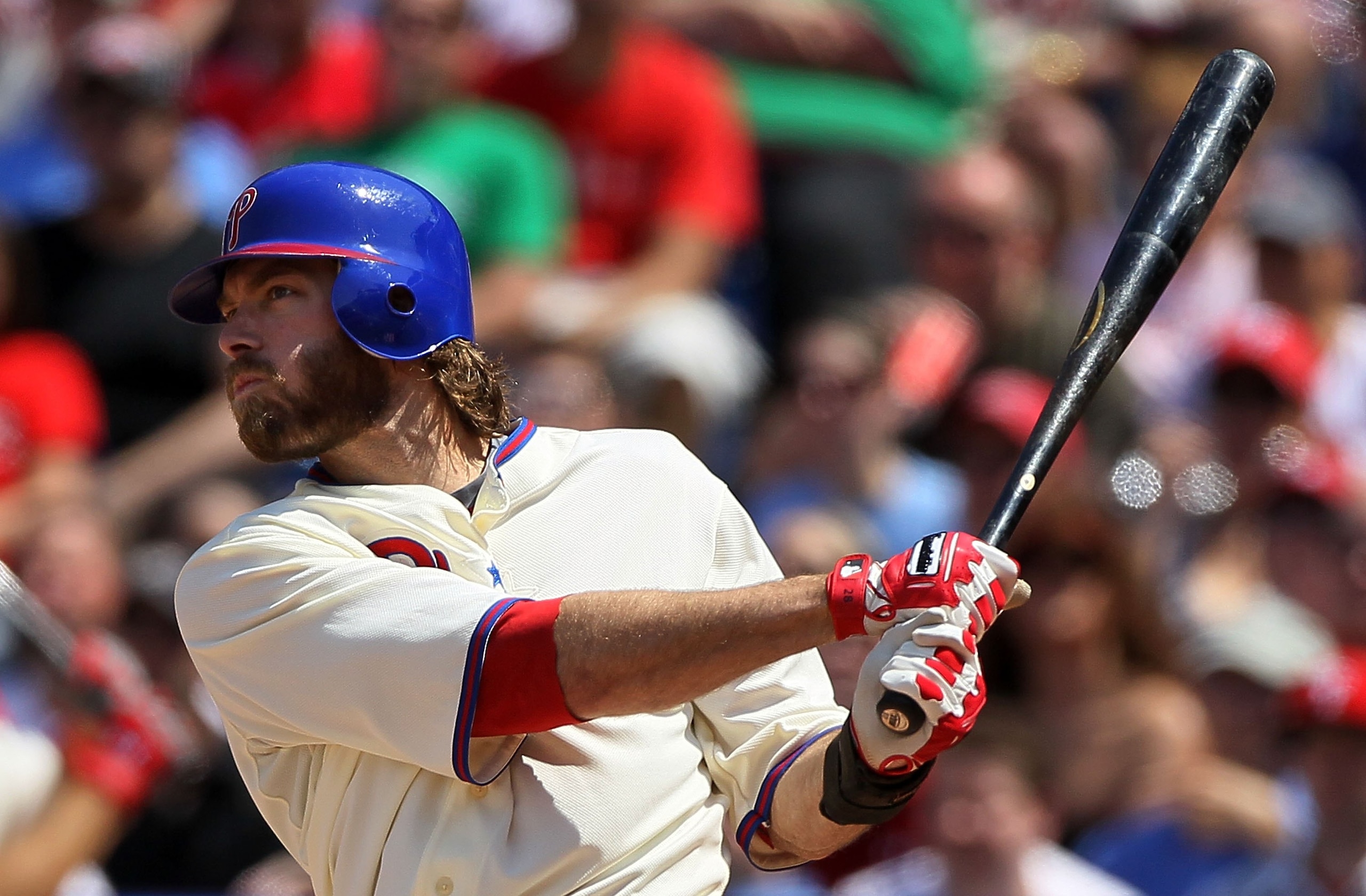 PHILADELPHIA - MAY 06:  Jayson Werth #28 of the Philadelphia Phillies follows through on a second inning double against the St. Louis Cardinals at Citizens Bank Park on May 6, 2010 in Philadelphia, Pennsylvania. The Phillies defeated the Cardinals 7-2.  (
