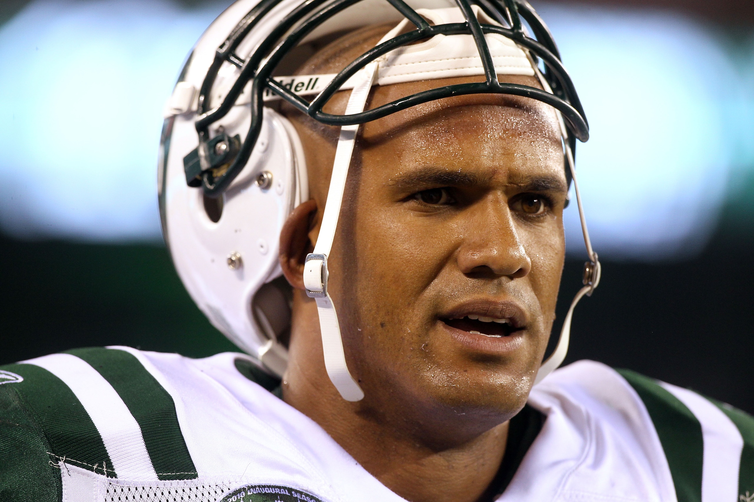 EAST RUTHERFORD, NJ - SEPTEMBER 13:  Jason Taylor #99 of the New York Jets looks on against the Baltimore Ravens during their home opener at the New Meadowlands Stadium on September 13, 2010 in East Rutherford, New Jersey.  (Photo by Jim McIsaac/Getty Ima