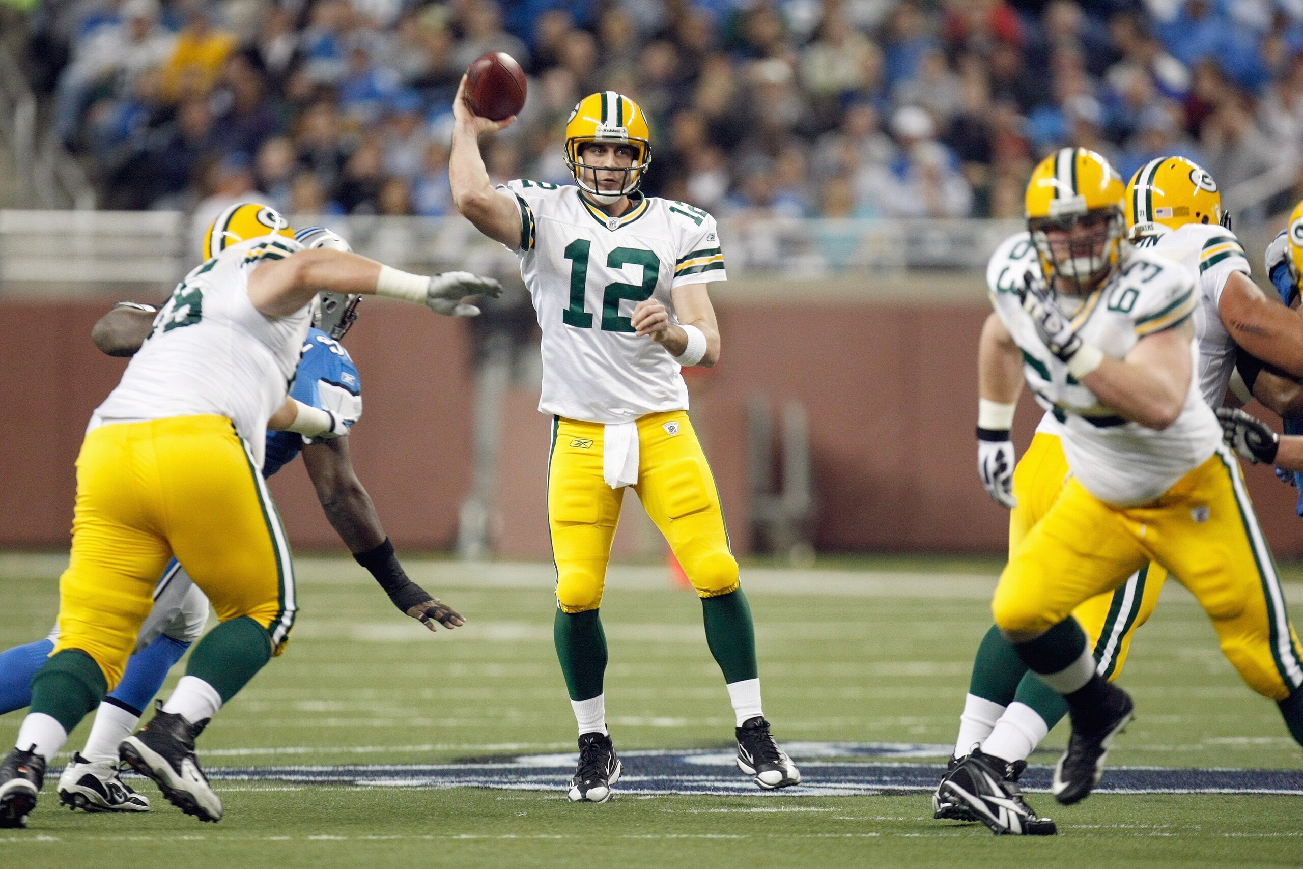 DETROIT , MI - NOVEMBER 26: Quarterback Aaron Rodger #12 of the Green Bay Packers passes the ball during the game against the Detroit Lions on November 26, 2009 at Ford Field in Detroit, Michigan. Green Bay won the game 34-12. (Photo by Gregory Shamus/Get DETROIT , MI - NOVEMBER 26: Quarterback Aaron Rodger #12 of the Green Bay Packers passes the ball during the game against the Detroit Lions on November 26, 2009 at Ford Field in Detroit, Michigan. Green Bay won the game 34-12. (Photo by Gregory Shamus/Get