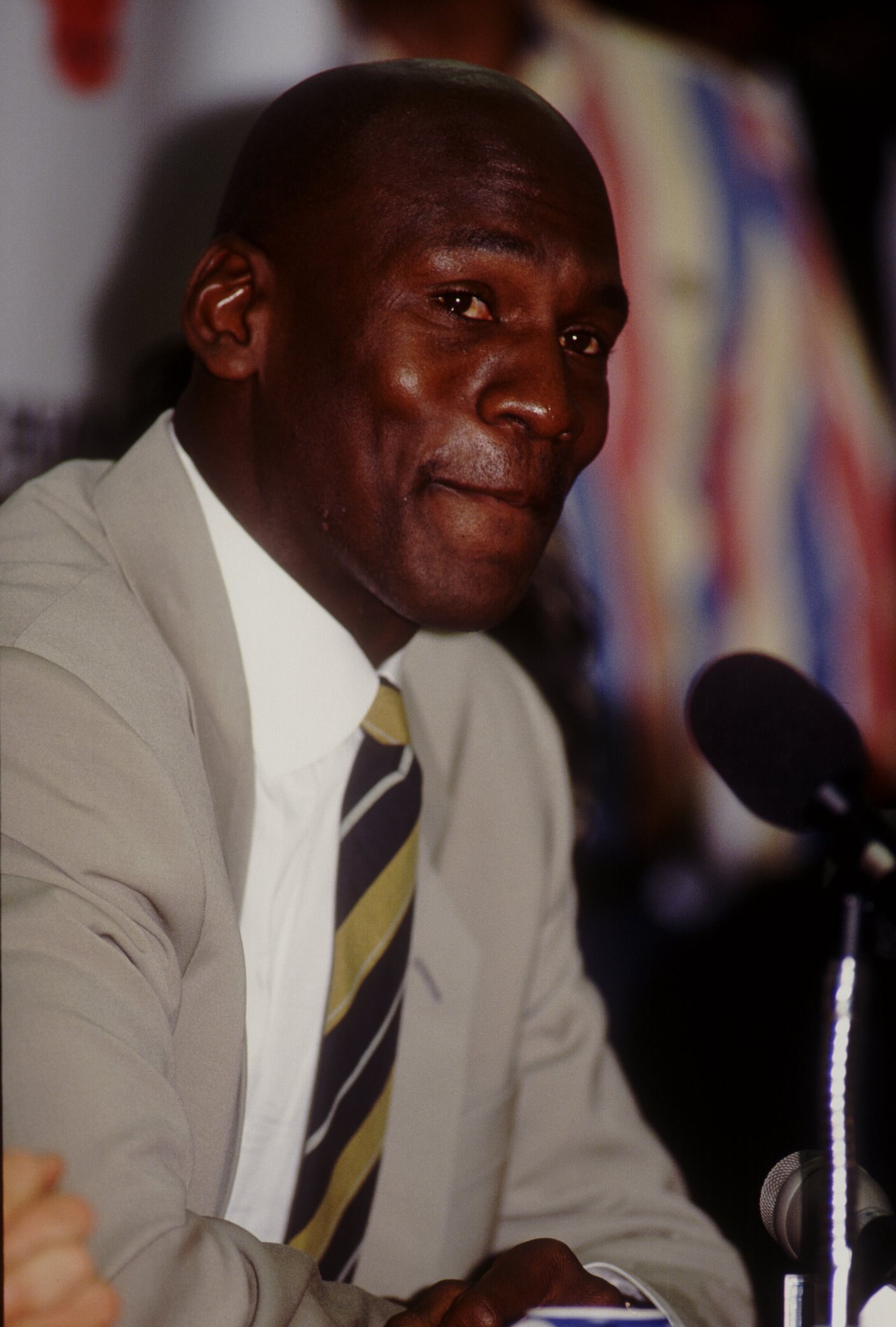 Michael Jordan appears tearful during the press conference announcing his retirement from the NBA Chicago Bulls. Mandatory Credit: Jonathan Daniel/ALLSPORT