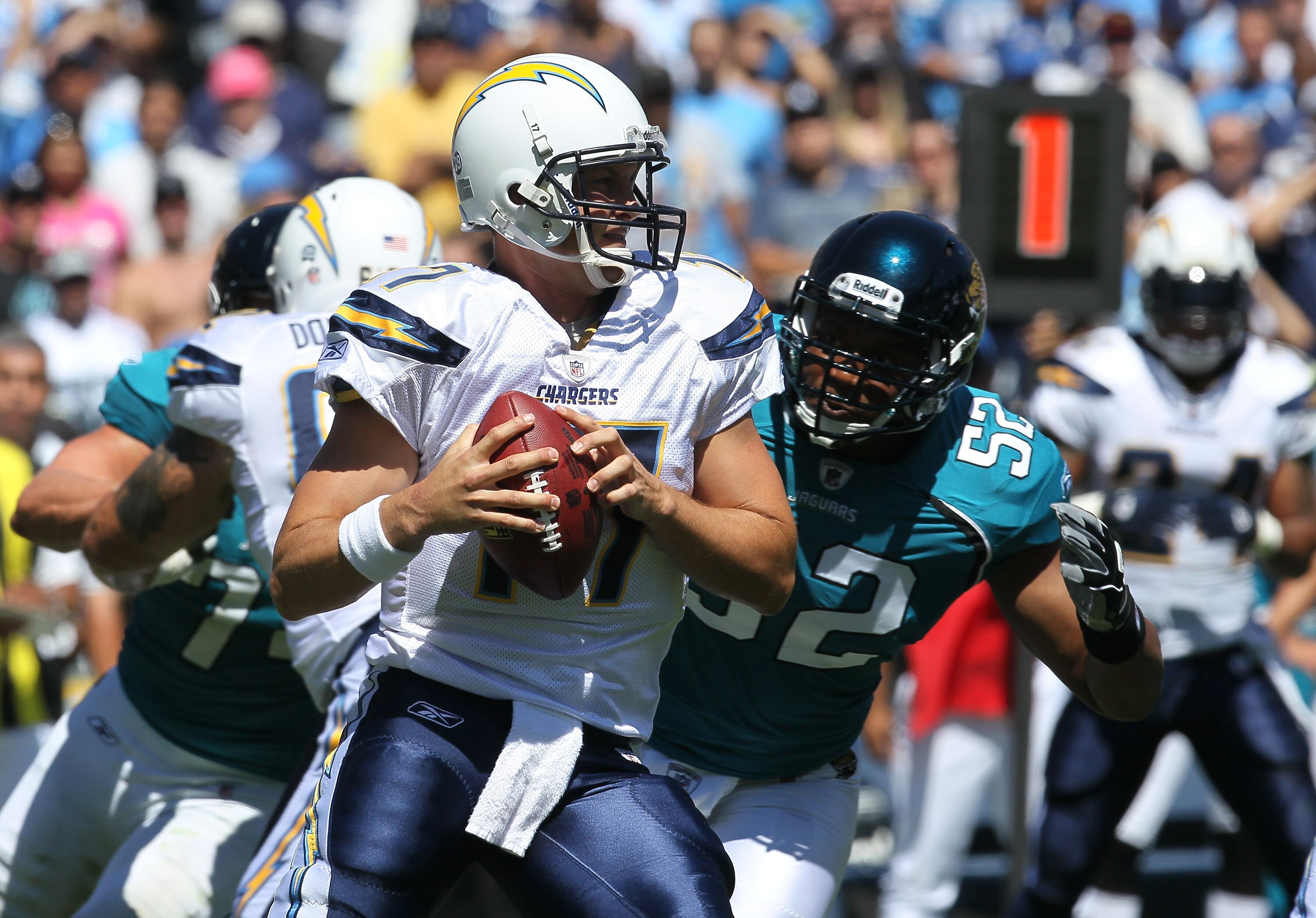 SAN DIEGO - SEPTEMBER 19:  Quarterback Philip Rivers #17 of the San Diego Chargers drops back to pass against the Jacksonville Jaguars at Qualcomm Stadium on September 19, 2010 in San Diego, California. The Chargers won 38-13.  (Photo by Stephen Dunn/Gett