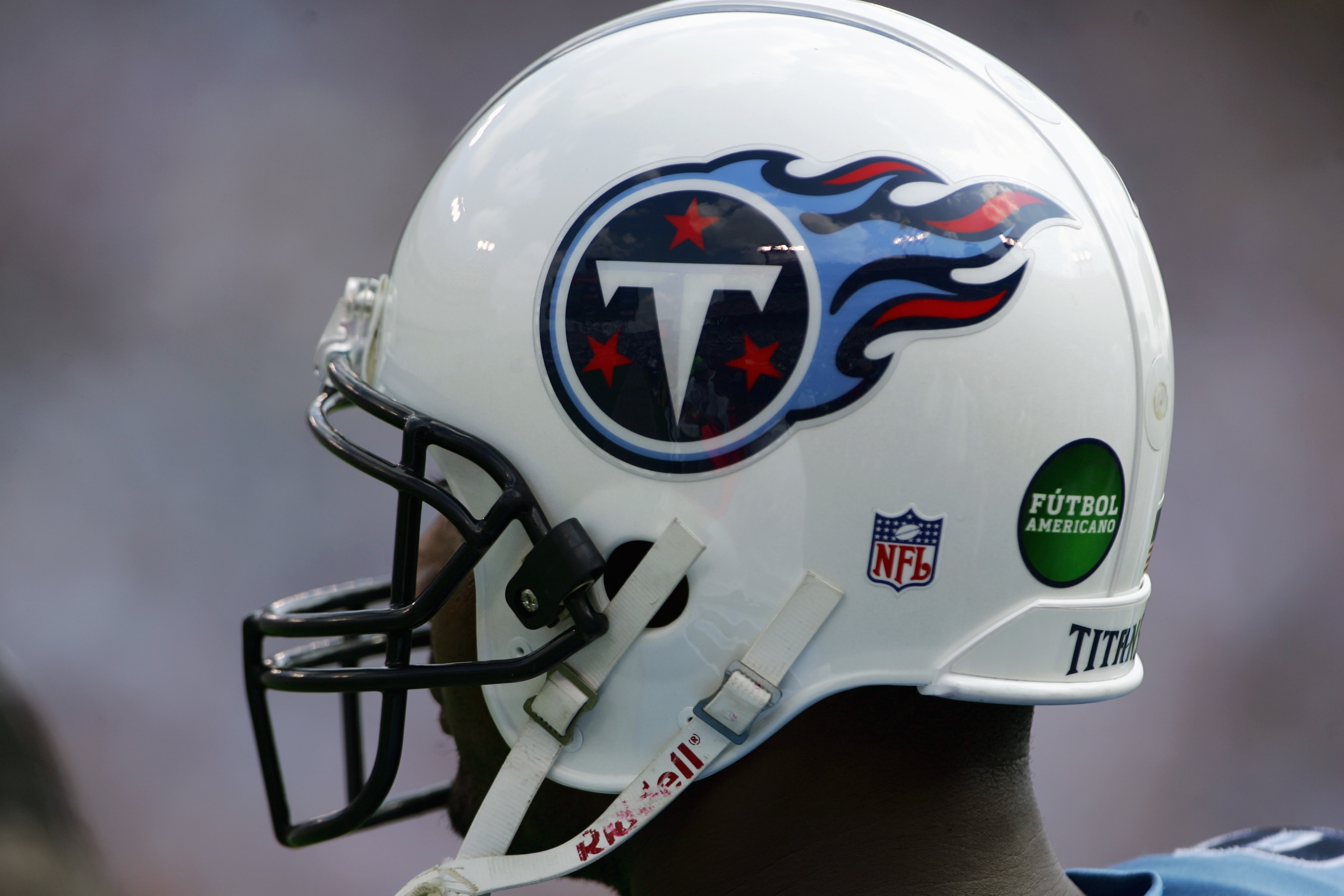 NASHVILLE, TN - OCTOBER 2:  A Tennessee Titans helmet displays the Futbol Americano logo during the game against the Indianapolis Colts at The Coliseum on October 2, 2005 in Nashville, Tennessee. The Colts defeated the Titans 31-10.  (Photo by Doug Pensin
