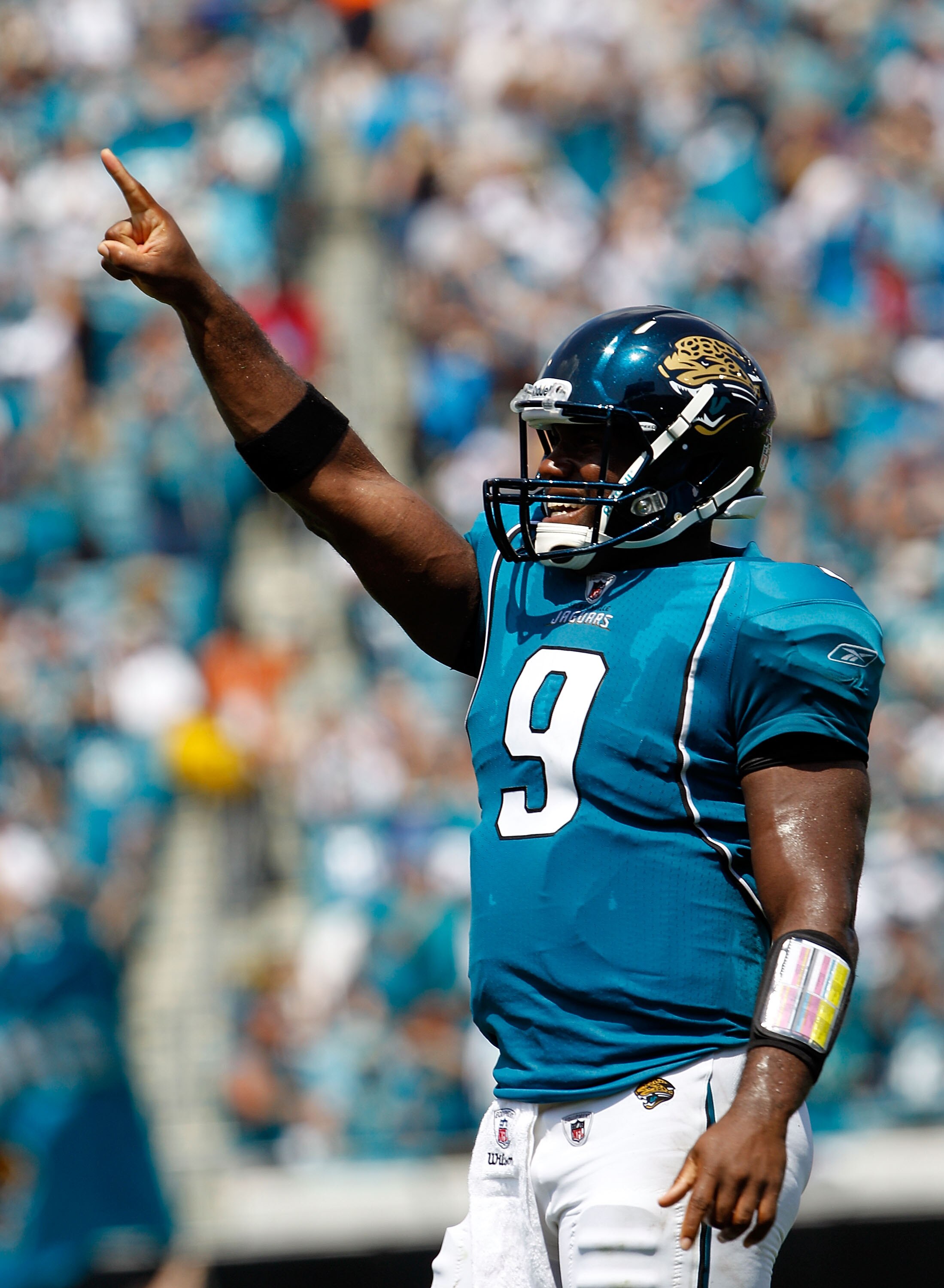JACKSONVILLE, FL - SEPTEMBER 12:  Quarterback David Garrard #9 of the Jacksonville Jaguars celebrates following a touchdown pass during the NFL season opener game against the Denver Broncos at EverBank Field on September 12, 2010 in Jacksonville, Florida.