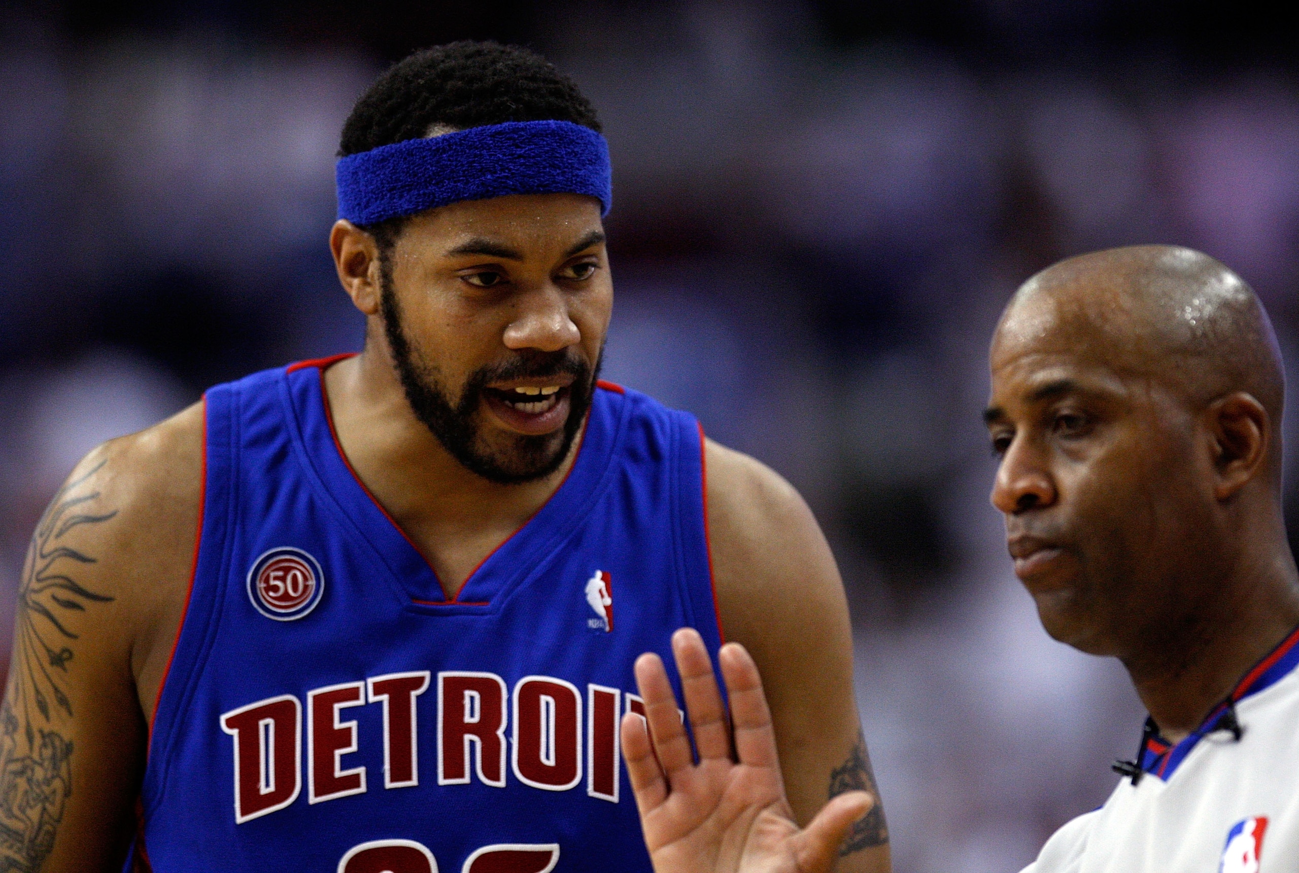 PHILADELPHIA - APRIL 27:  Rasheed Wallace #36  of the Detroit Pistons  talks to referee Derrick Stafford #9 after he was called for a technical foul against the Philadelphia 76ers in Game Four of the Eastern Conference Quarterfinals during the 2008 NBA Pl