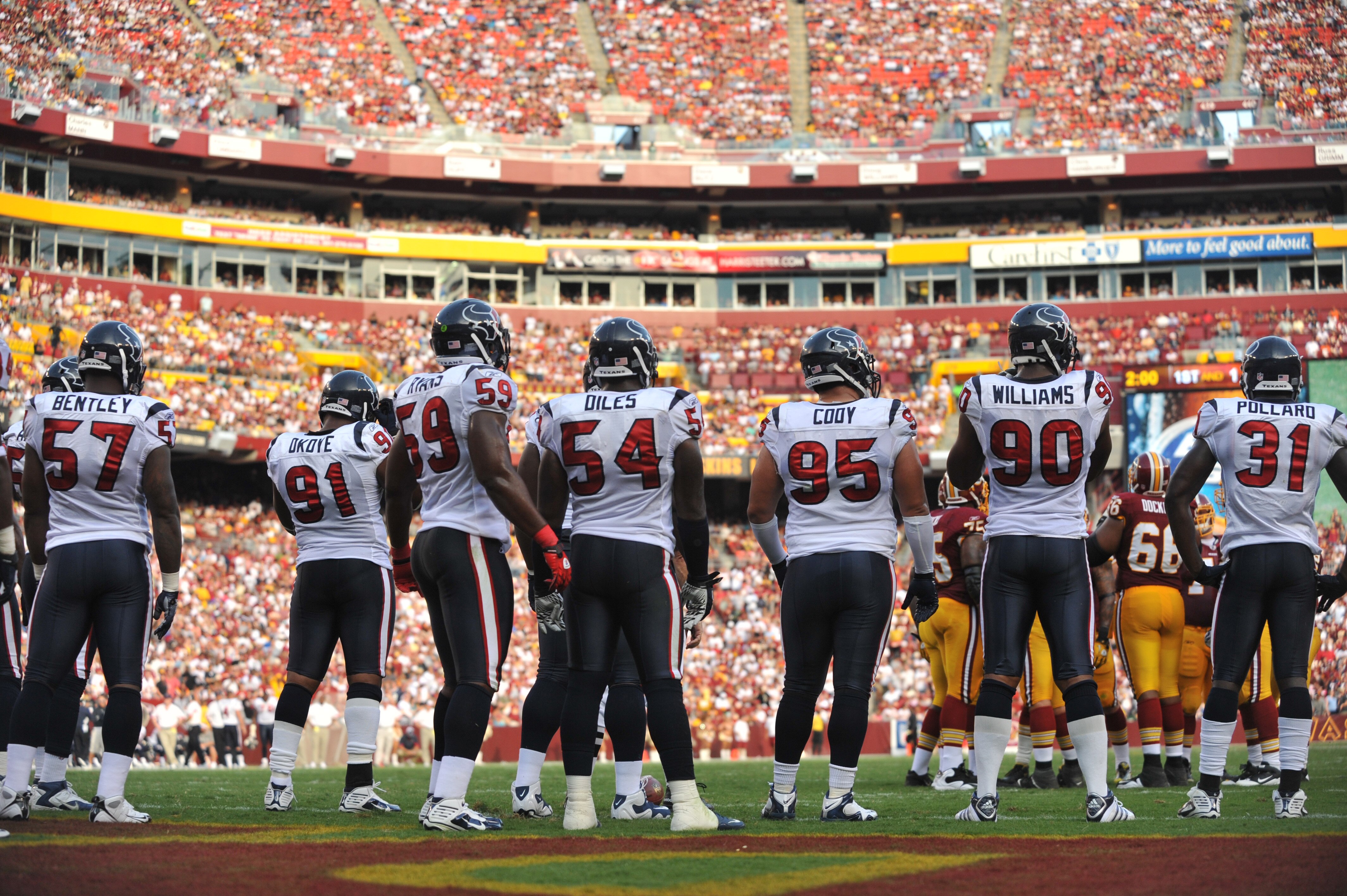 LANDOVER - SEPTEMBER 19:  The Houston Texans defense awaits the play during the game against the Washington Redskins at FedExField on September 19, 2010 in Landover, Maryland. The Texans defeated the Redskins in overtime 30-27. (Photo by Larry French/Gett