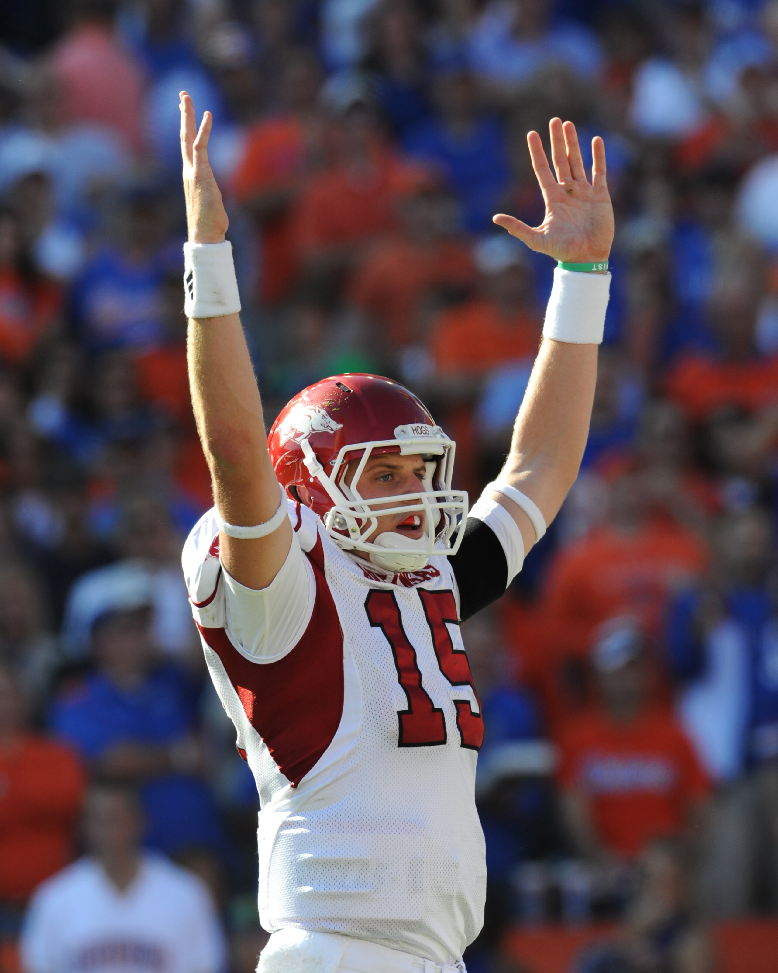 GAINESVILLE, FL - OCTOBER 17: Quarterback Ryan Mallett #15 of the Arkansas Razorbacks signals a touchdown against the Florida Gators October 17, 2009 at Ben Hill Griffin Stadium in Gainesville, Florida. (Photo by Al Messerschmidt/Getty Images) GAINESVILLE, FL - OCTOBER 17: Quarterback Ryan Mallett #15 of the Arkansas Razorbacks signals a touchdown against the Florida Gators October 17, 2009 at Ben Hill Griffin Stadium in Gainesville, Florida. (Photo by Al Messerschmidt/Getty Images)