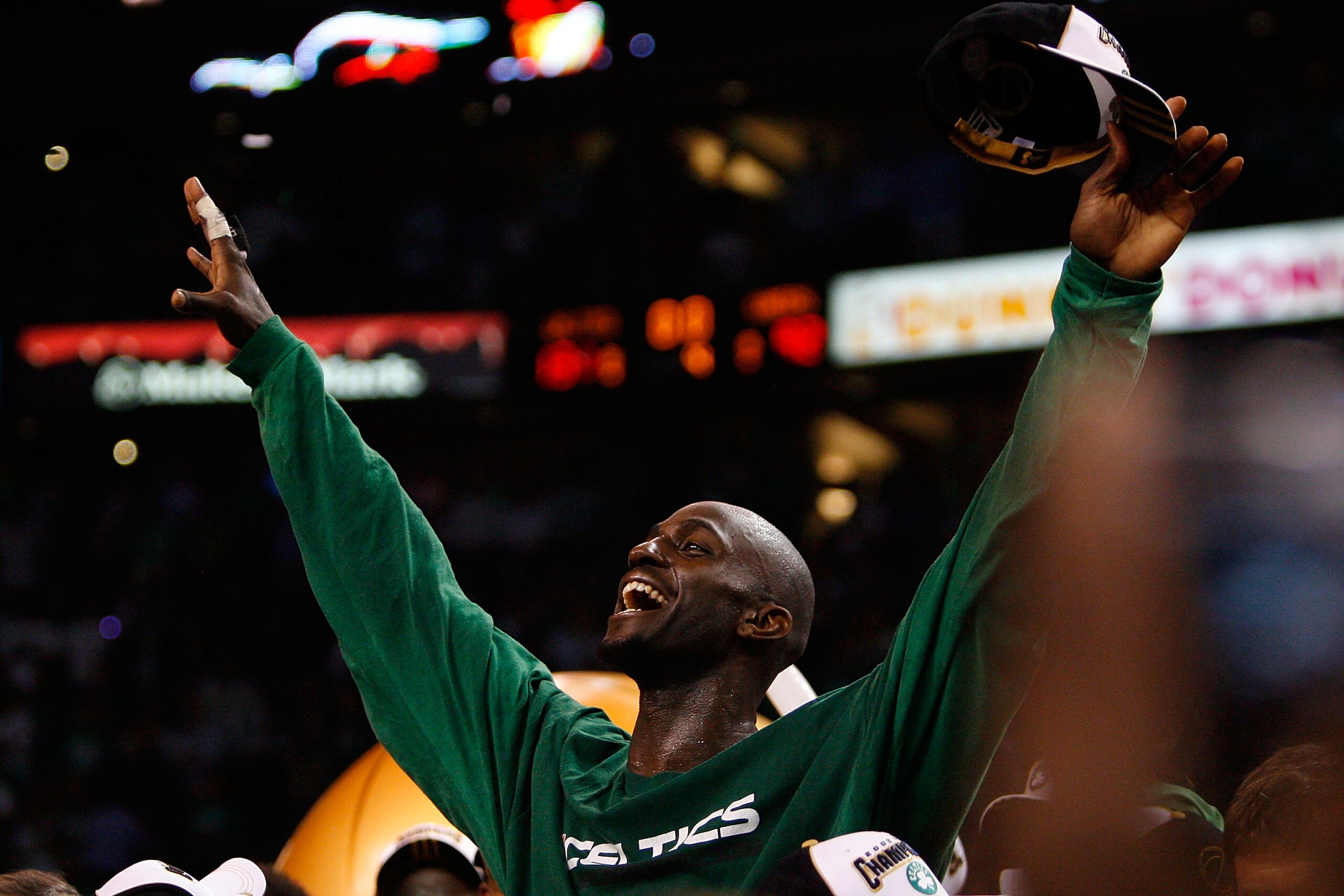 BOSTON - JUNE 17:  Kevin Garnett #5 of the Boston Celtics celebrates at the end of Game Six of the 2008 NBA Finals against the Los Angeles Lakers on June 17, 2008 at TD Banknorth Garden in Boston, Massachusetts. The Celtics defeated the Lakers 131-92 to w