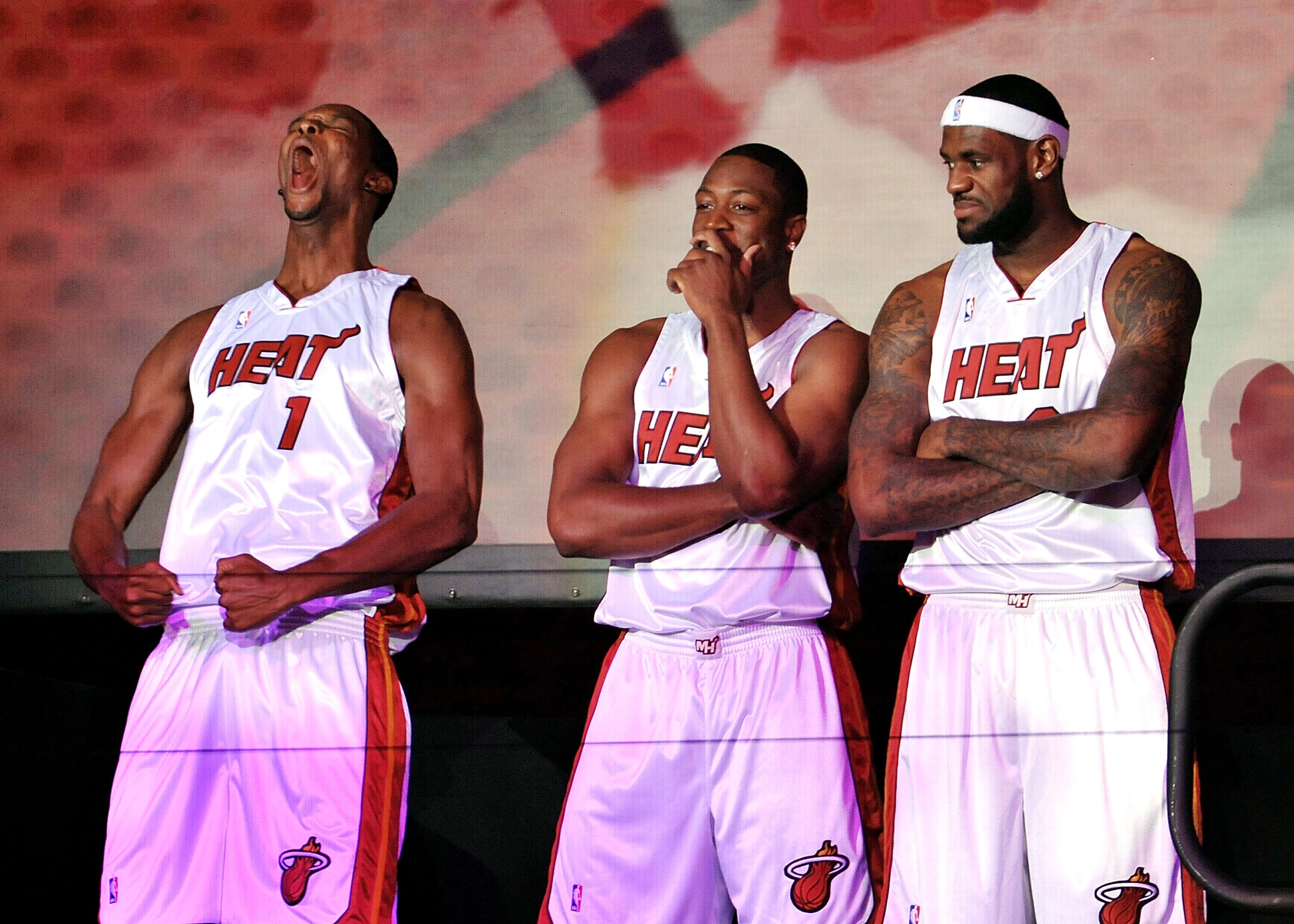 MIAMI - JULY 09: Chris Bosh #1, Dwyane Wade #3, and LeBron James #6 of the Miami Heat are introduced to fans during a welcome party at American Airlines Arena on July 9, 2010 in Miami, Florida. (Photo by Doug Benc/Getty Images) MIAMI - JULY 09: Chris Bosh #1, Dwyane Wade #3, and LeBron James #6 of the Miami Heat are introduced to fans during a welcome party at American Airlines Arena on July 9, 2010 in Miami, Florida. (Photo by Doug Benc/Getty Images)