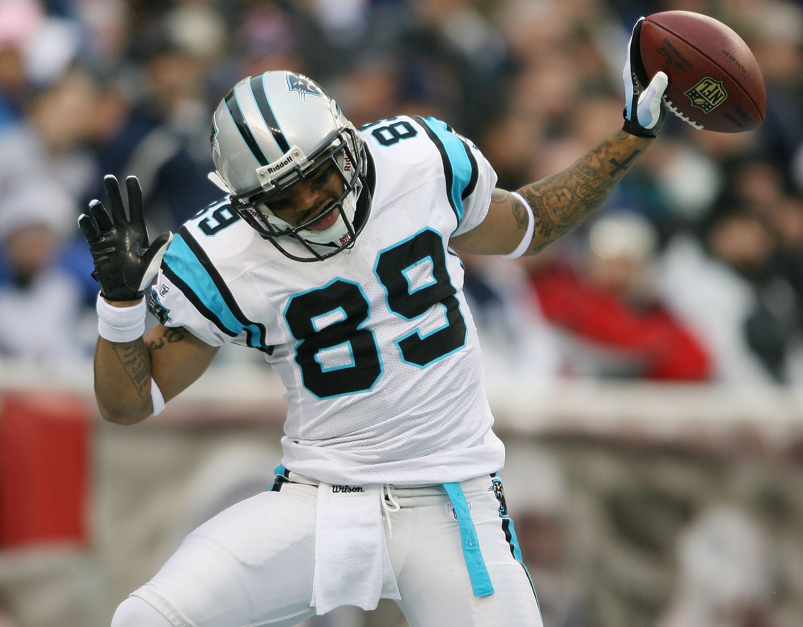 FOXBORO, MA - DECEMBER 13:  Steve Smith #89 of the Carolina Panthers celebrates after he scored a 41-yard touchdown reception in the first quarter against the New England Patriots on December 13, 2009 at Gillette Stadium in Foxboro, Massachusetts.  (Photo