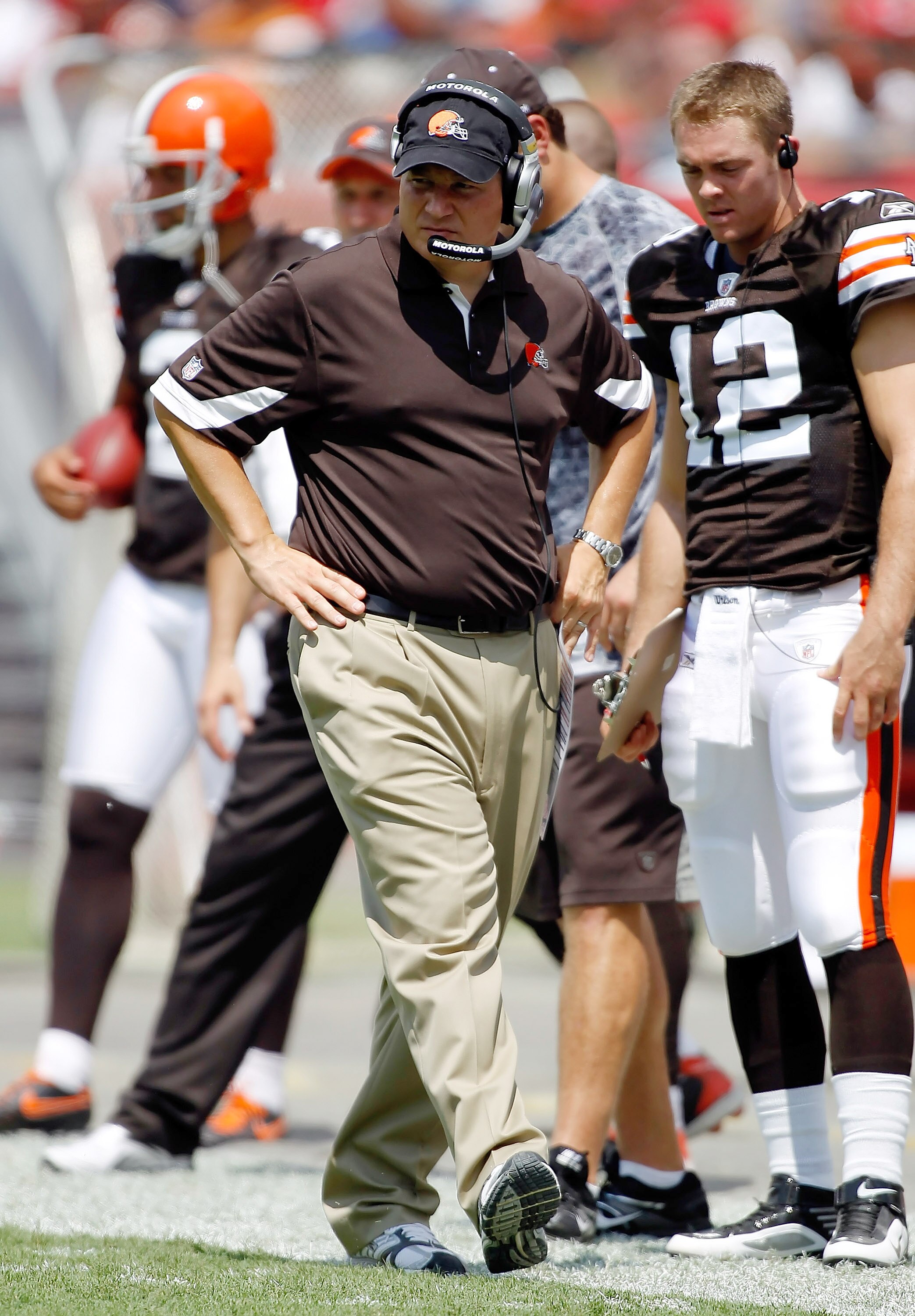 TAMPA, FL - SEPTEMBER 12:  Head coach Eric Mangini of the Cleveland Browns walks along the sideline during the NFL season opener game against the Tampa Bay Buccaneers at Raymond James Stadium on September 12, 2010 in Tampa, Florida.  (Photo by J. Meric/Ge