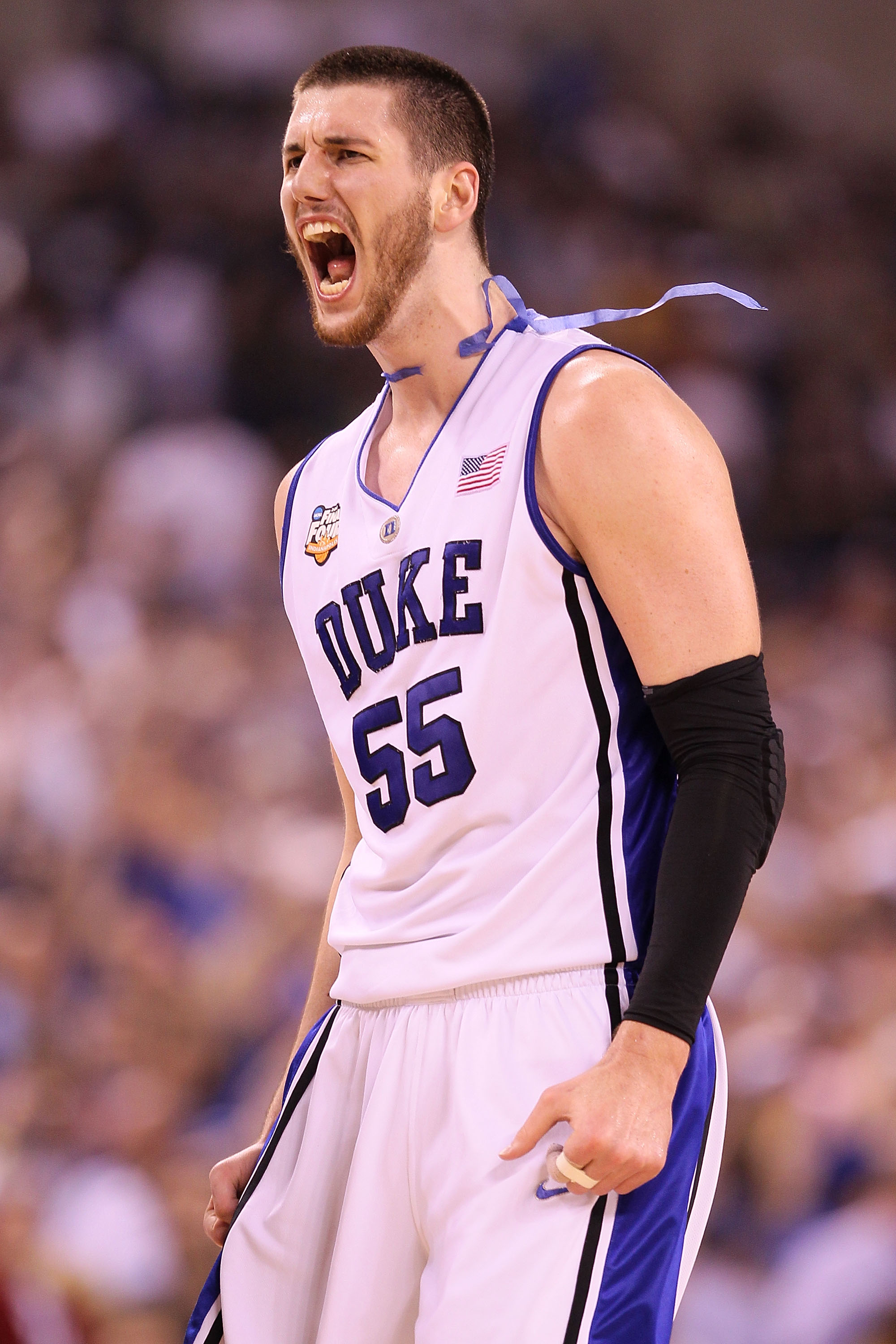 INDIANAPOLIS - APRIL 05:  Brian Zoubek #55 of the Duke Blue Devils reacts after the Blue Devisl defeat the Butler Bulldogs 61-59 in the 2010 NCAA Division I Men's Basketball National Championship game at Lucas Oil Stadium on April 5, 2010 in Indianapolis,