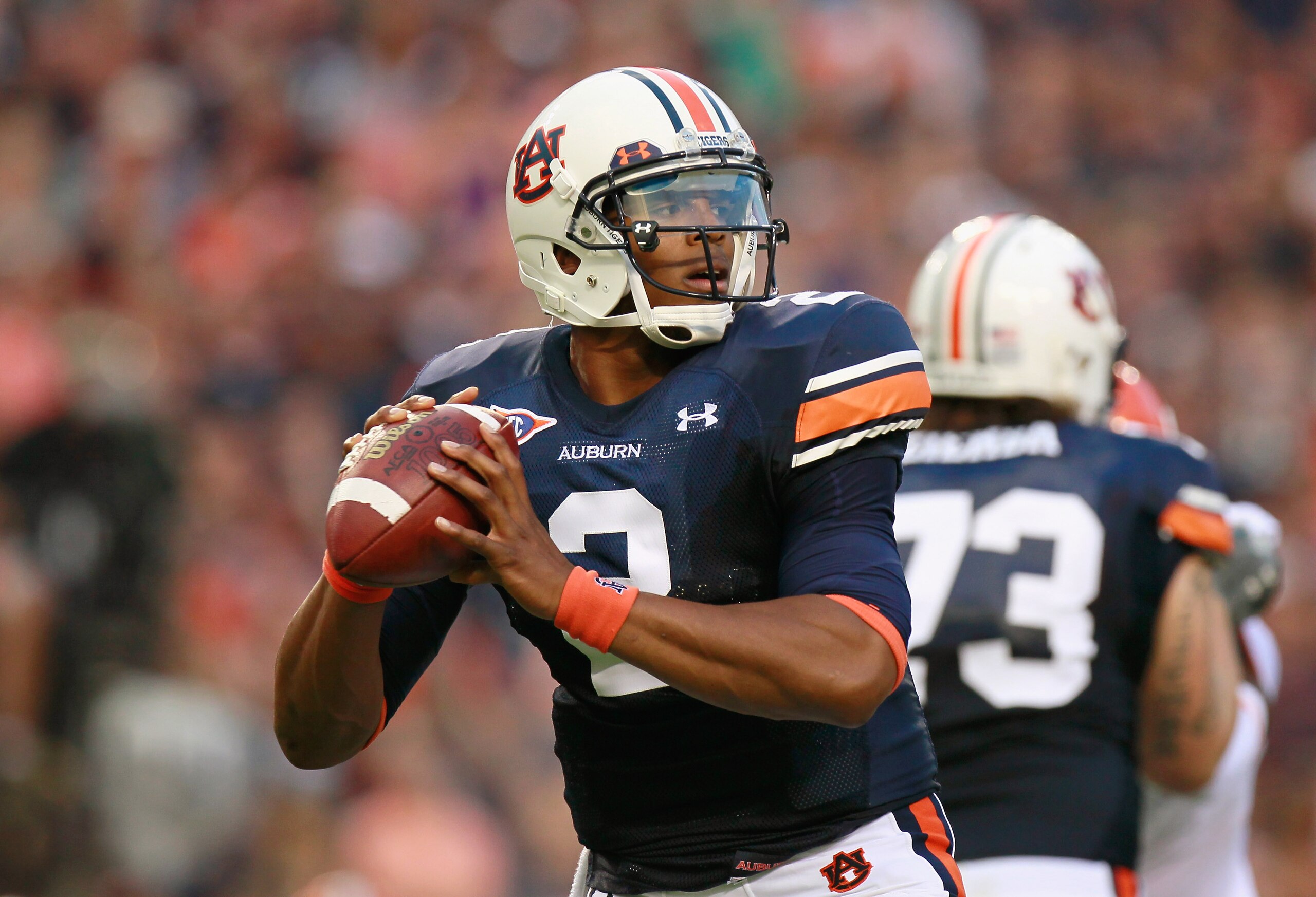 AUBURN, AL - SEPTEMBER 18: Quarterback Cameron Newton #2 of the Auburn Tigers looks to pass against the Clemson Tigers at Jordan-Hare Stadium on September 18, 2010 in Auburn, Alabama. (Photo by Kevin C. Cox/Getty Images) AUBURN, AL - SEPTEMBER 18: Quarterback Cameron Newton #2 of the Auburn Tigers looks to pass against the Clemson Tigers at Jordan-Hare Stadium on September 18, 2010 in Auburn, Alabama. (Photo by Kevin C. Cox/Getty Images)