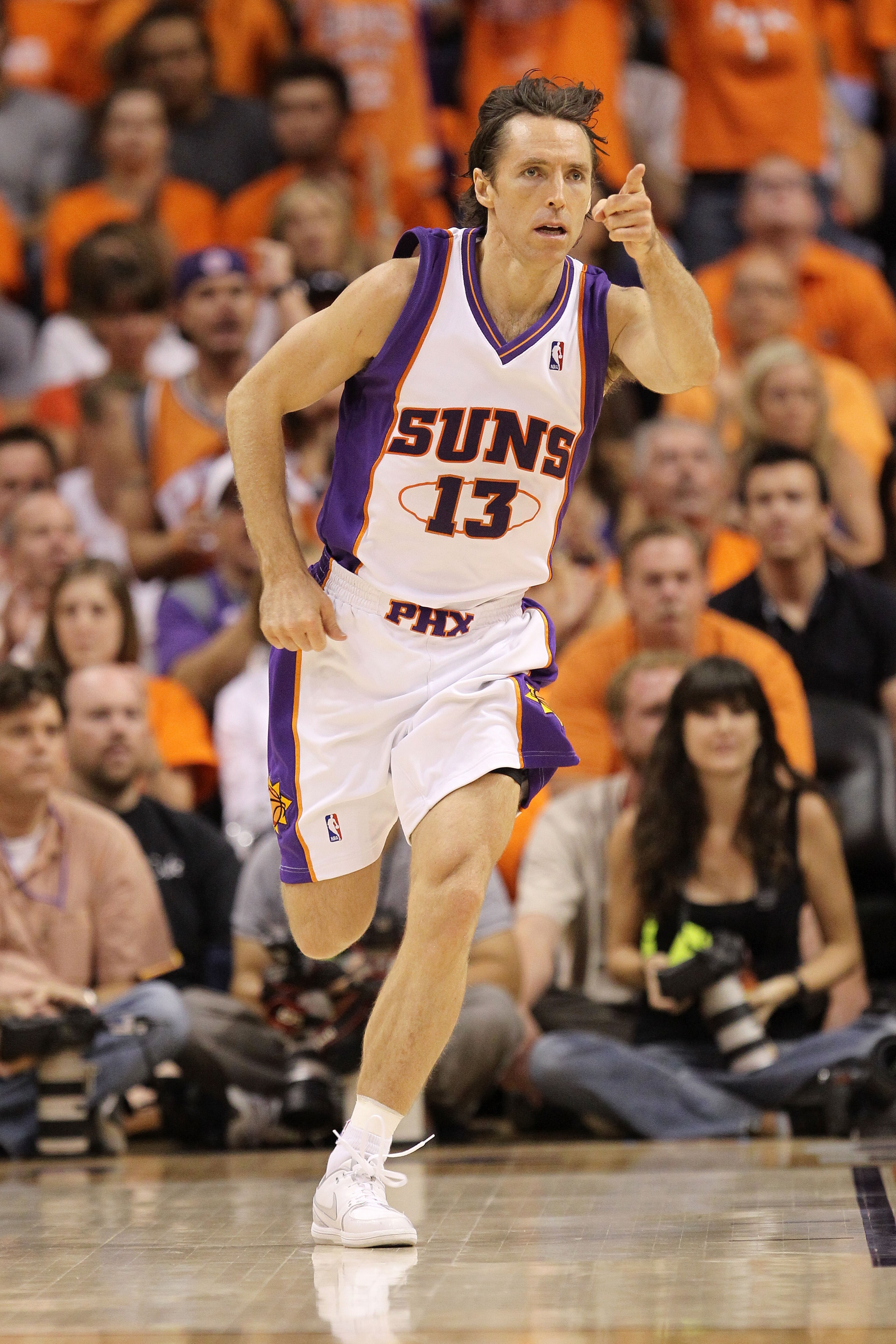 PHOENIX - MAY 29:  Steve Nash #13 of the Phoenix Suns reacts after a play against the Los Angeles Lakers in the first quarter of Game Six of the Western Conference Finals during the 2010 NBA Playoffs at US Airways Center on May 29, 2010 in Phoenix, Arizon