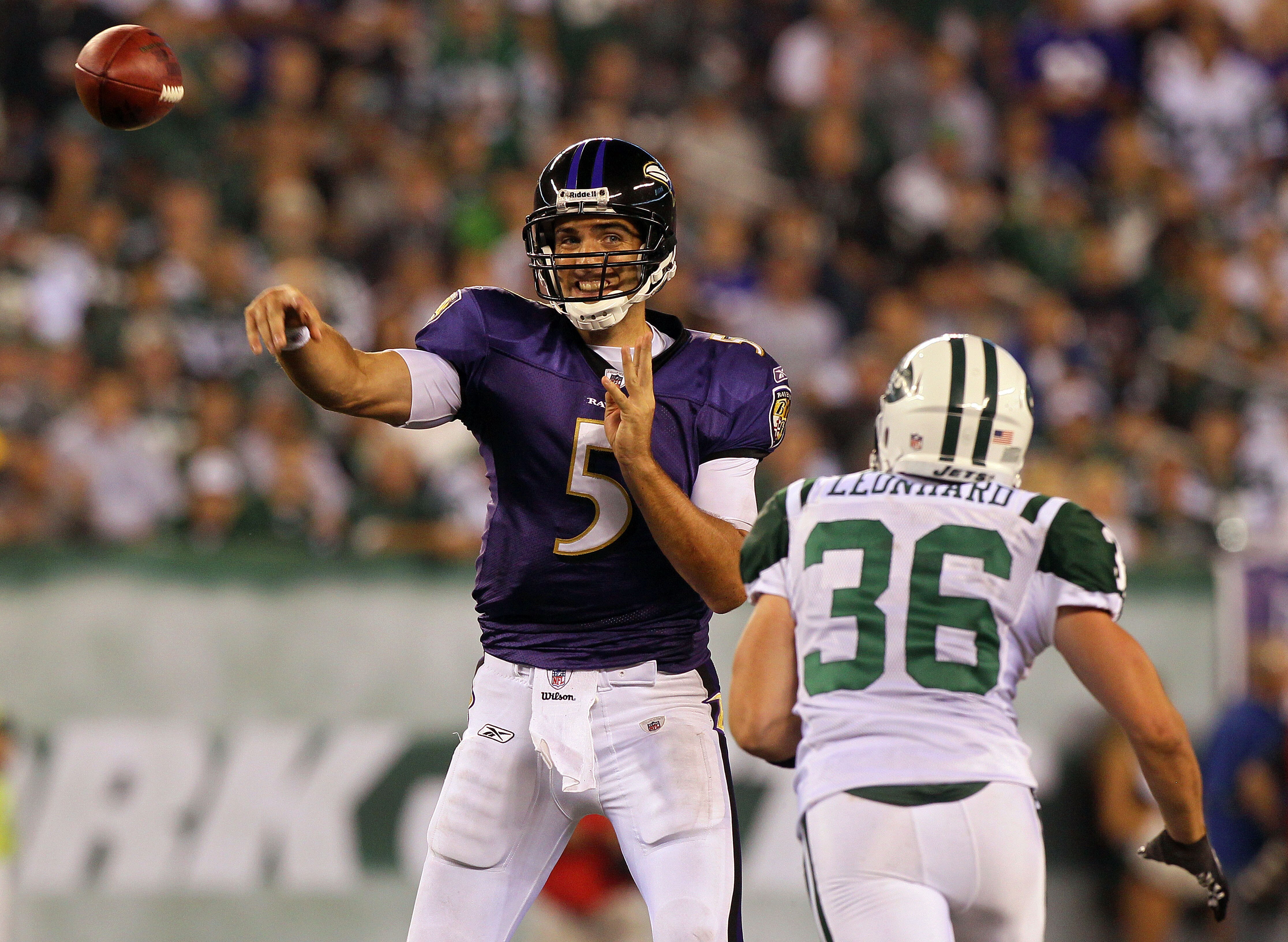EAST RUTHERFORD, NJ - SEPTEMBER 13: Joe Flacco #5 of the Baltimore Ravens passes against Jim Leonhard #36 of the New York Jets during the Jets home opener at the New Meadowlands Stadium on September 13, 2010 in East Rutherford, New Jersey.  (Photo by Jim