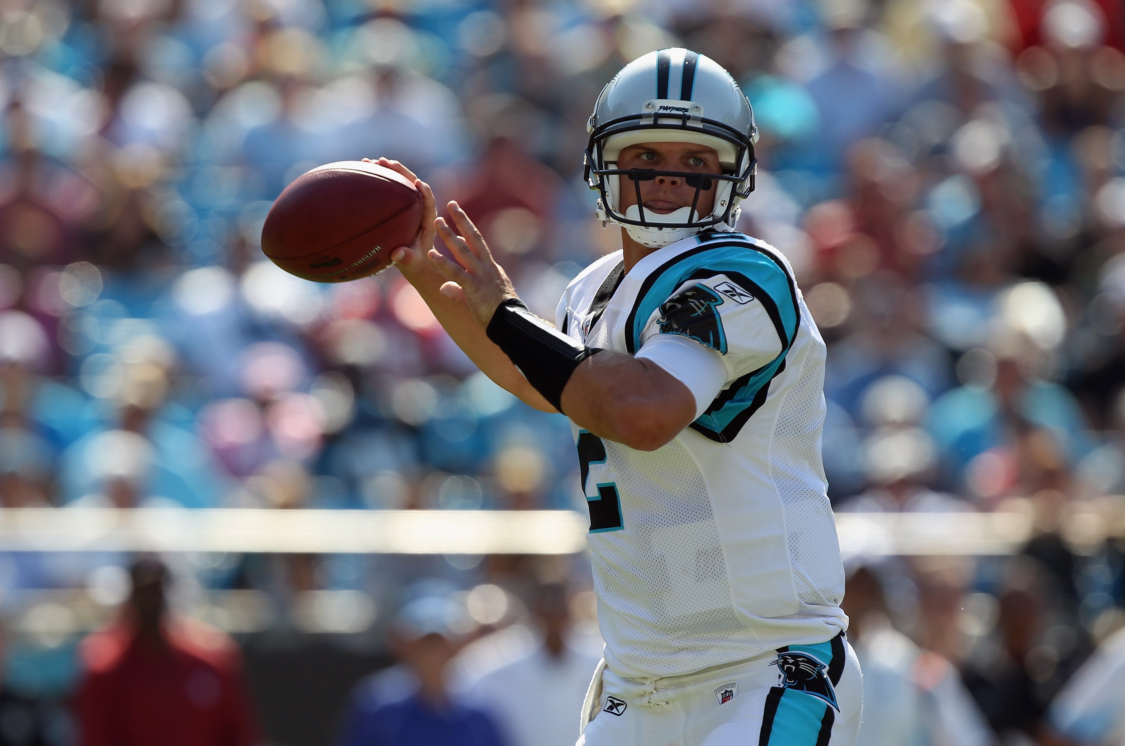CHARLOTTE, NC - SEPTEMBER 19:  Jimmy Clausen #2 of the Carolina Panthers against the Tampa Bay Buccaneers during their game at Bank of America Stadium on September 19, 2010 in Charlotte, North Carolina.  (Photo by Streeter Lecka/Getty Images)
