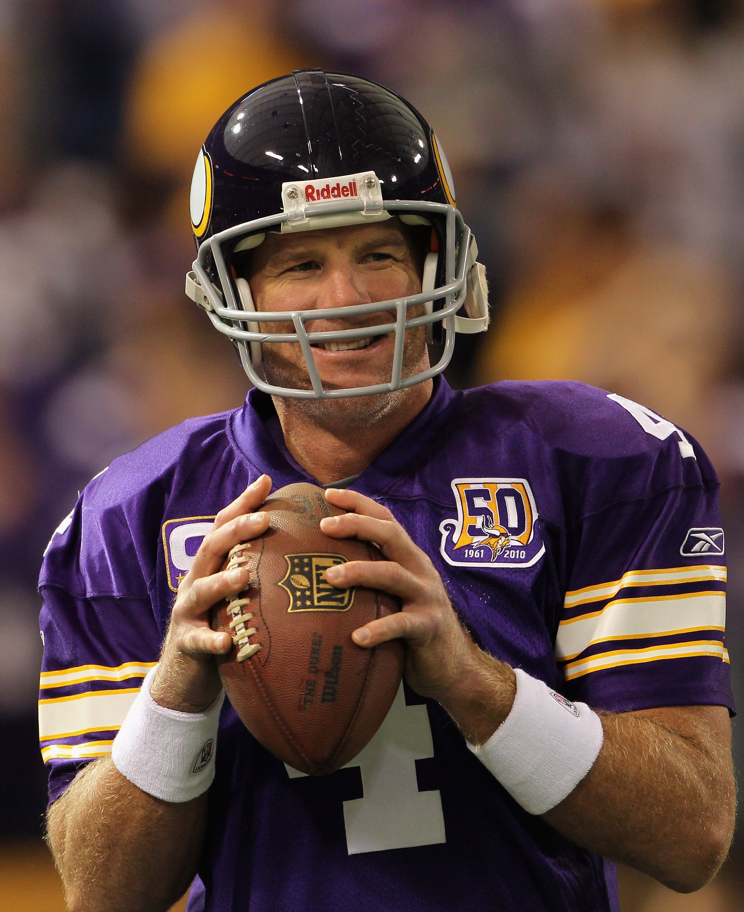 MINNEAPOLIS - SEPTEMBER 19:  Quarterback Brett Favre #4 of the Minnesota Vikings warms up prior to the start of the game against the Miami Dolphins on September 19, 2010 at Hubert H. Humphrey Metrodome in Minneapolis, Minnesota.  (Photo by Jamie Squire/Ge