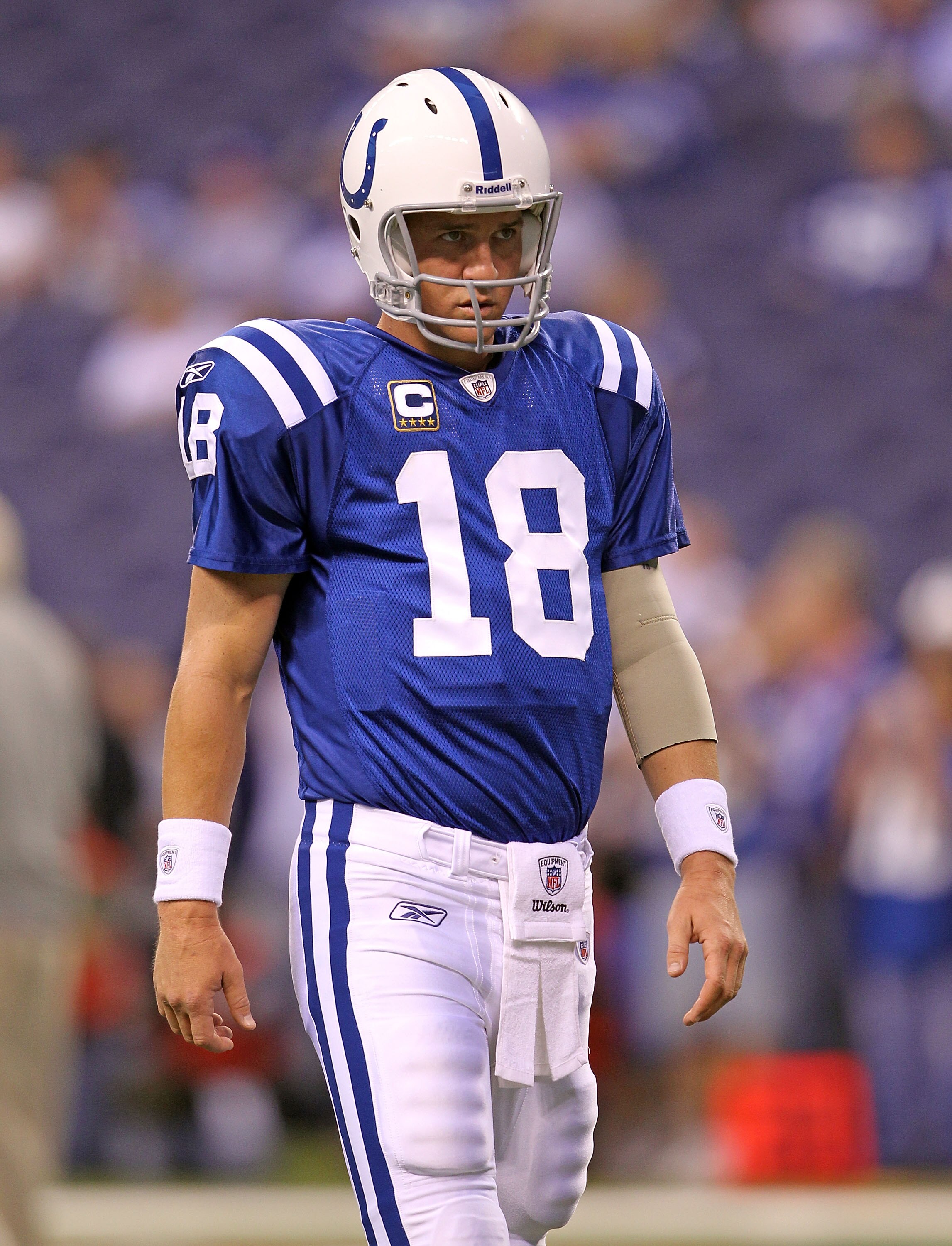INDIANAPOLIS - SEPTEMBER 19:  Peyton Manning #18 of the Indianapolis Colts waits to throw the ball during  warmups before the NFL game against the New York Giants  at Lucas Oil Stadium on September 19, 2010 in Indianapolis, Indiana.  (Photo by Andy Lyons/