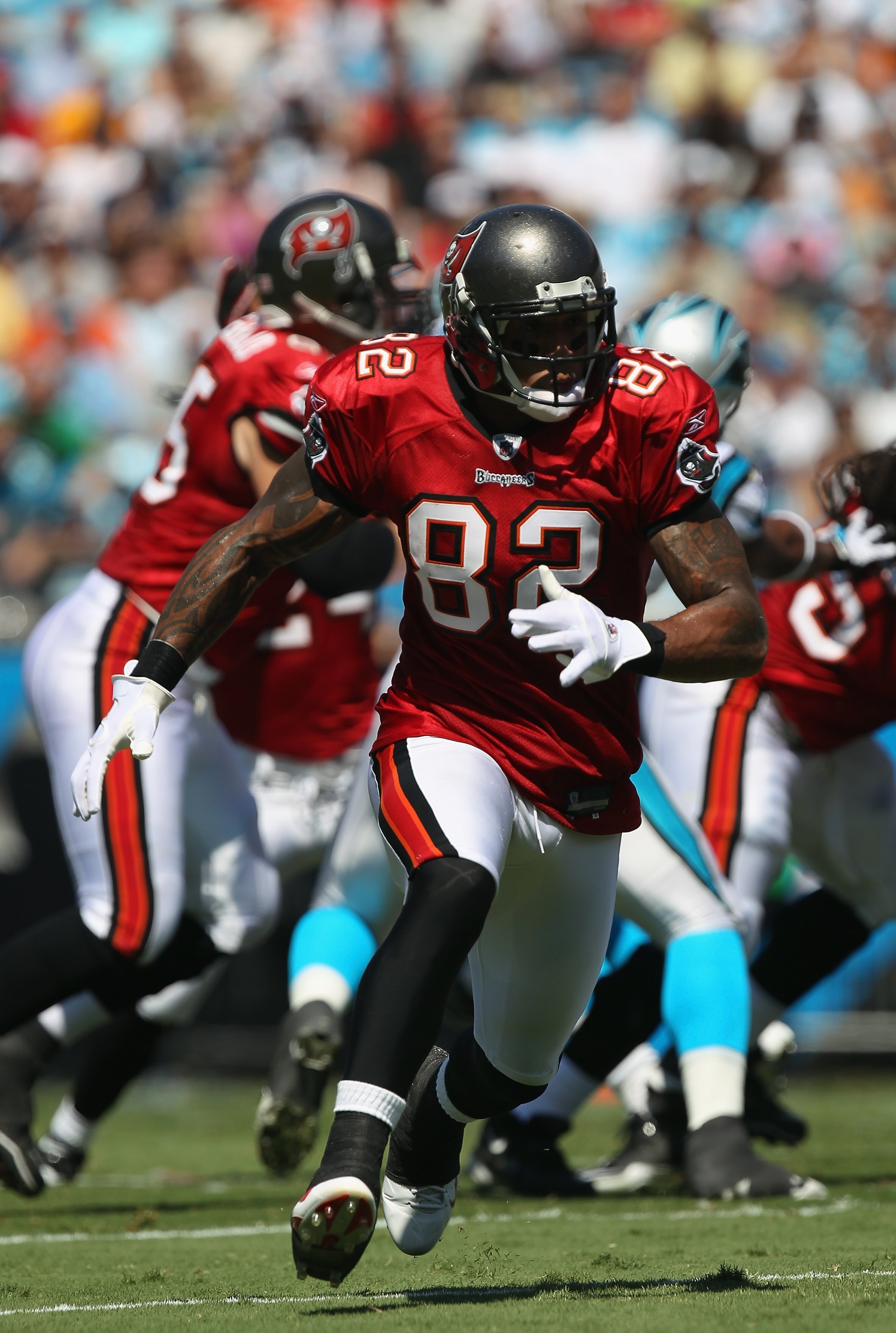CHARLOTTE, NC - SEPTEMBER 19:  Kellen Winslow #82 of the Tampa Bay Buccaneers # of the Carolina Panthers during their game at Bank of America Stadium on September 19, 2010 in Charlotte, North Carolina.  (Photo by Streeter Lecka/Getty Images)