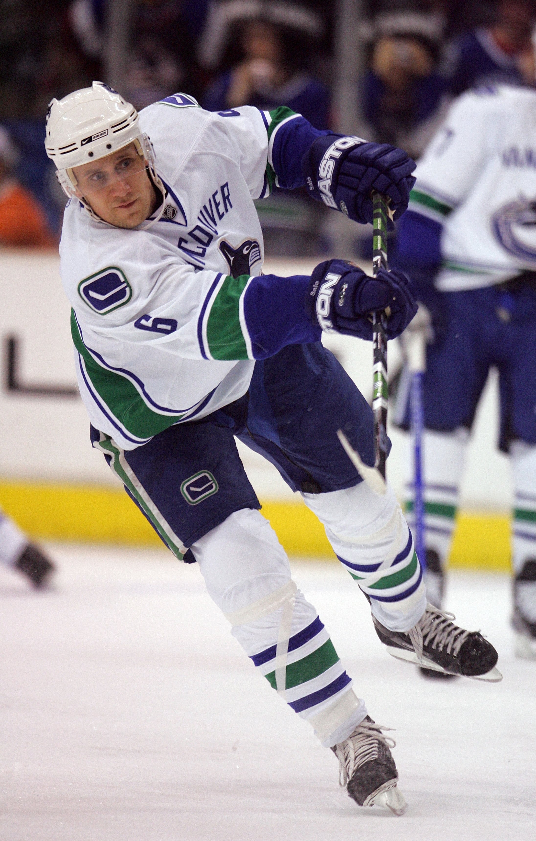 LOS ANGELES - MARCH 10:  Sami Salo #6 of the Vancouver Canucks warms up prior to their NHL game against the Los Angeles Kings at Staples Center on March 10, 2008 in Los Angeles, California. The Canucks defeated the Kings 2-1 in overtime. (Photo by Jeff Gr
