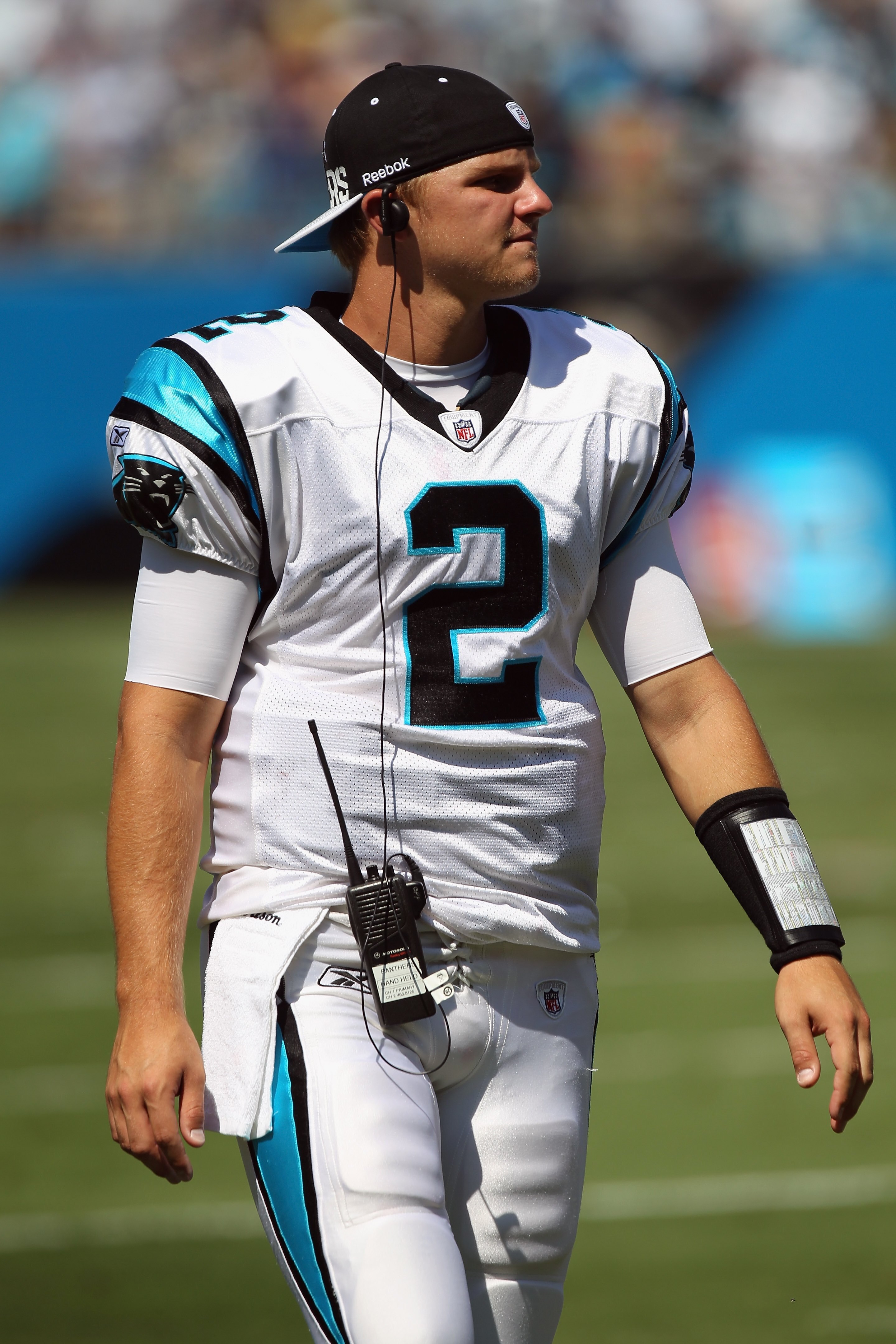 CHARLOTTE, NC - SEPTEMBER 19:  Jimmy Clausen #2 of the Carolina Panthers against the Tampa Bay Buccaneers during their game at Bank of America Stadium on September 19, 2010 in Charlotte, North Carolina.  (Photo by Streeter Lecka/Getty Images)