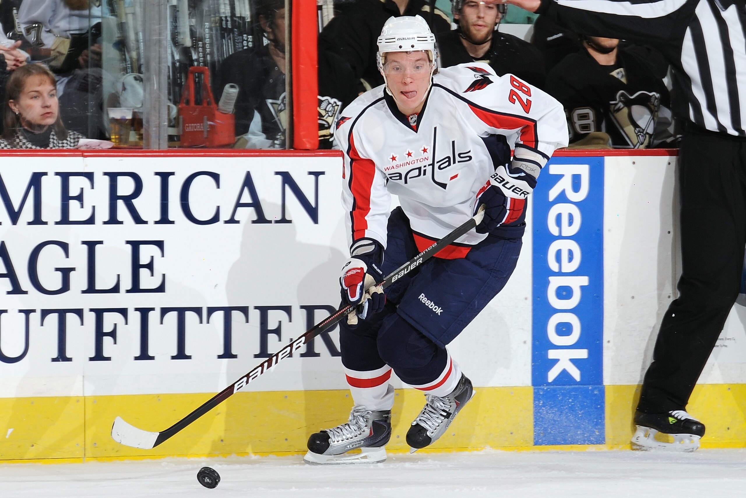 PITTSBURGH - JANUARY 21:  Forward Alexander Semin #28 of the Washington Capitals skates with the puck against the Pittsburgh Penguins on January 21, 2010 at Mellon Arena in Pittsburgh, Pennsylvania.  (Photo by Jamie Sabau/Getty Images)