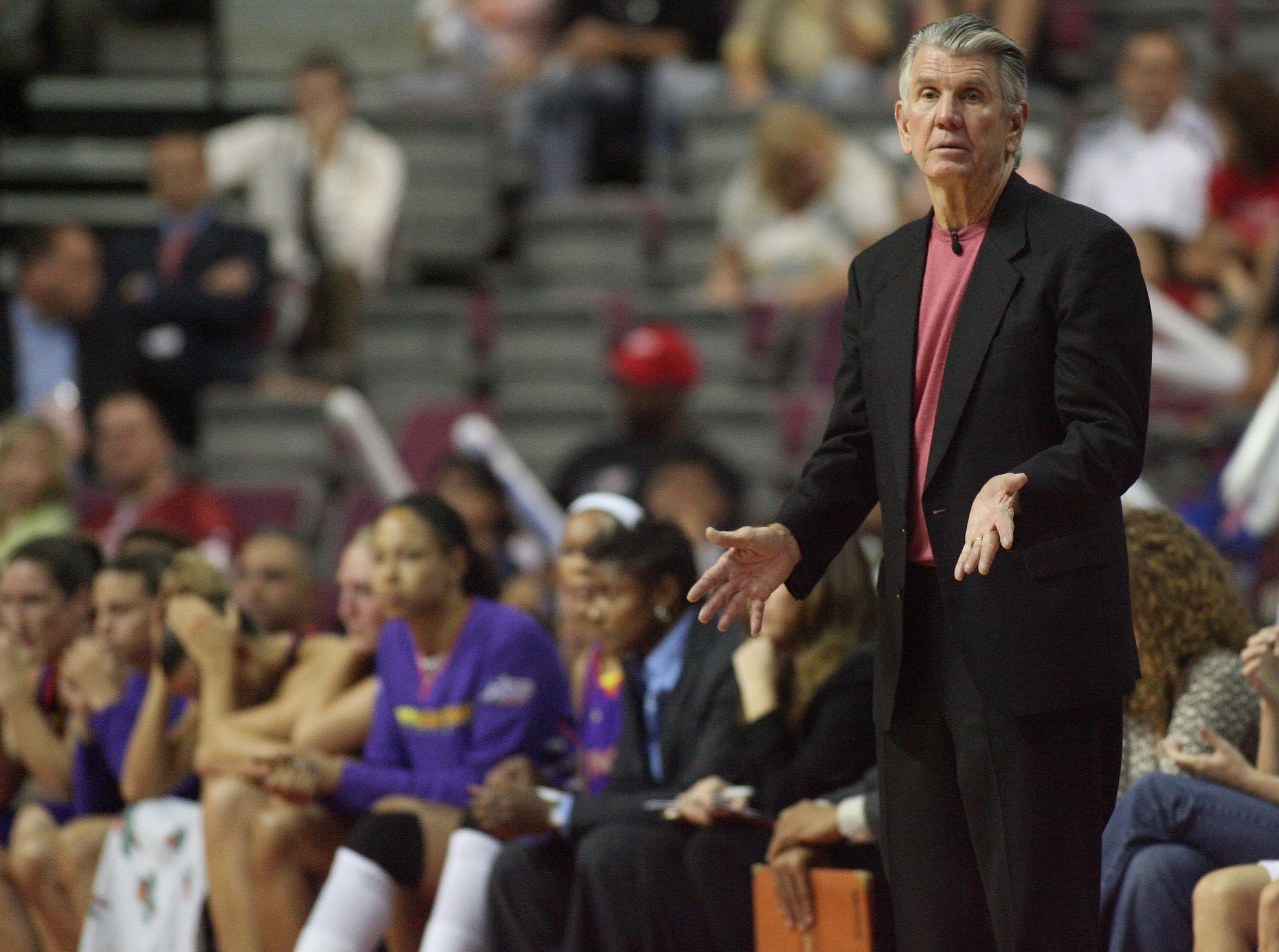 AUBURN HILLS, MI - SEPTEMBER 05:  Paul Westhead head coach of the Phoenix Mercury reacts to a play during Game One of the WNBA Finals against the Detroit Shock at the Palace of Auburn Hills on September 5, 2007 in Auburn Hills, Michigan. Detroit won 108-1