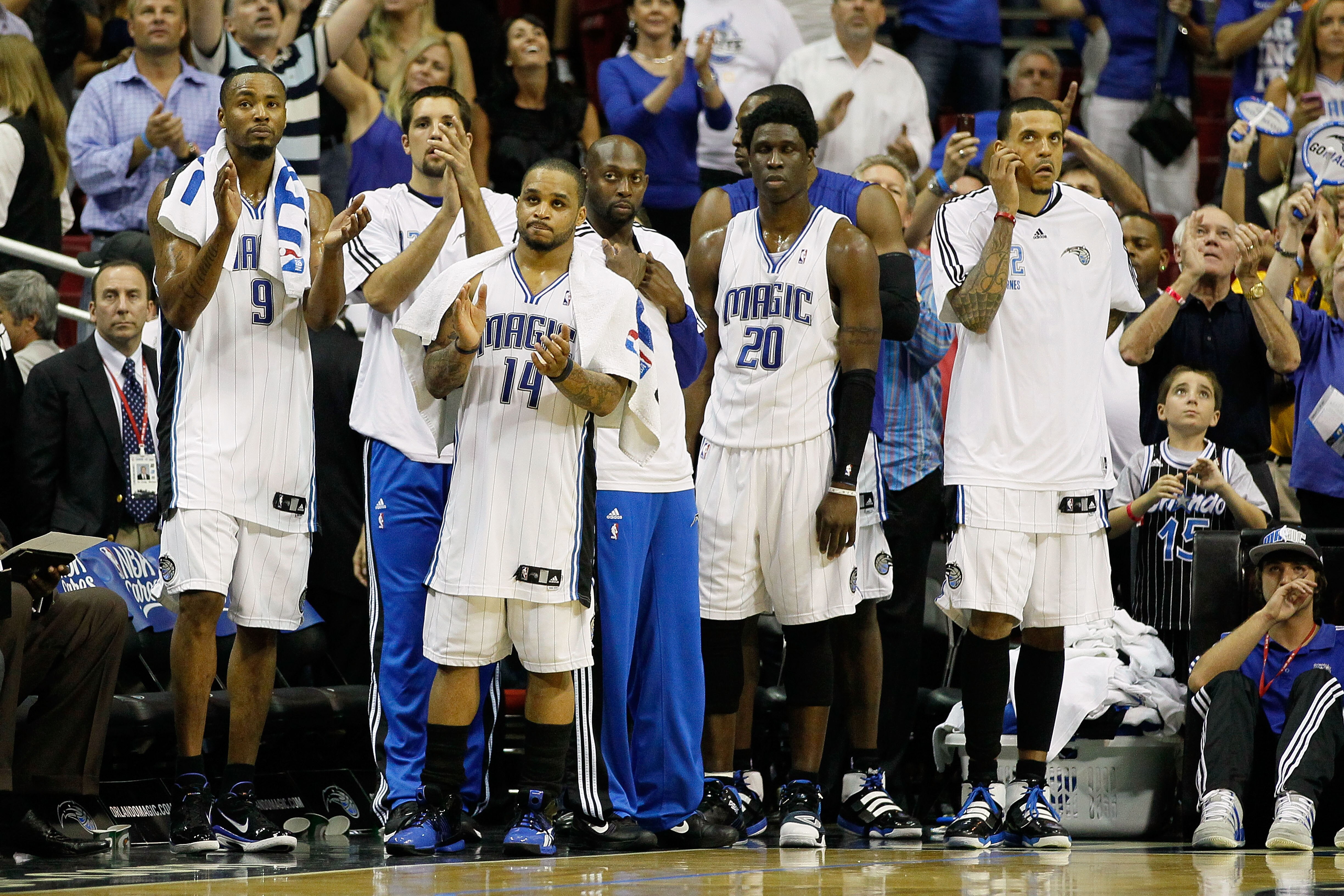 ORLANDO, FL - MAY 26:  Players from the Orlando Magic  support their teammates against the Boston Celtics in Game Five of the Eastern Conference Finals during the 2010 NBA Playoffs at Amway Arena on May 26, 2010 in Orlando, Florida.  NOTE TO USER: User ex