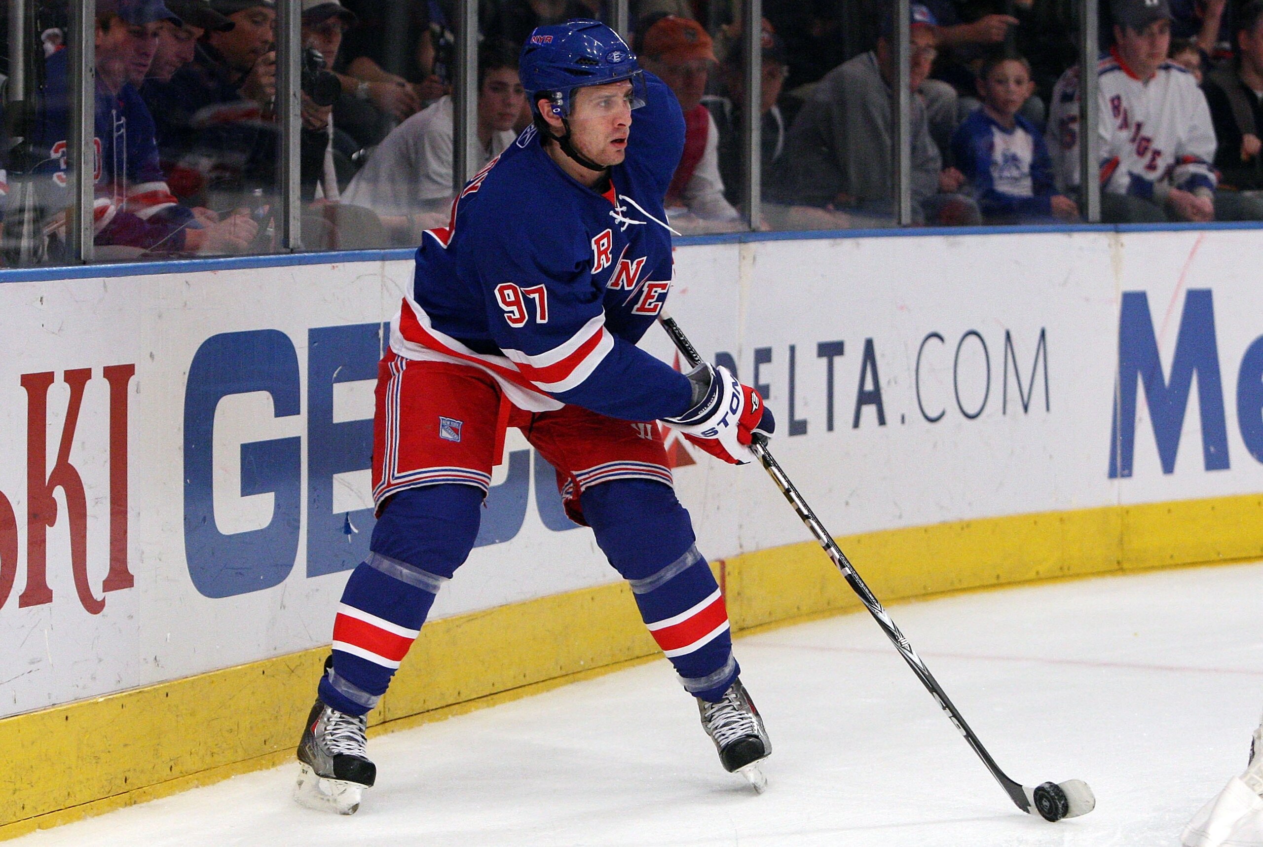 NEW YORK - DECEMBER 26:  Matt Gilroy #97 of the New York Rangers skates against the New York Islanders on December 26, 2009 at Madison Square Garden in New York City.The Islanders defeated the Rangers 3-2 in overtime.  (Photo by Jim McIsaac/Getty Images)