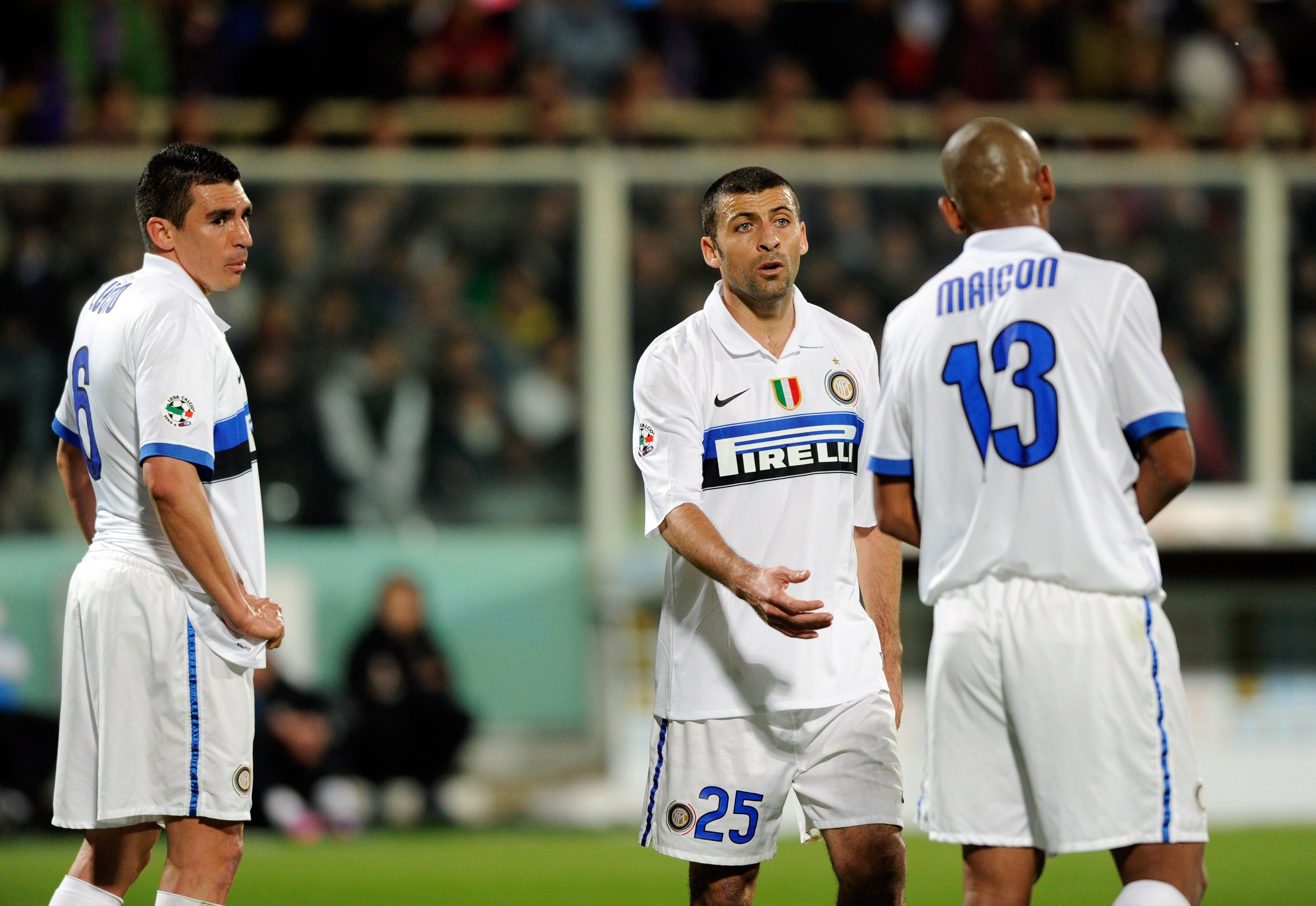 FLORENCE, ITALY - APRIL 10:  Lucio, Maicon and Walter Samuel of FC Internazionale Milano look dejected during the Serie A match between ACF Fiorentina and FC Internazionale Milano at Stadio Artemio Franchi on April 10, 2010 in Florence, Italy.  (Photo by