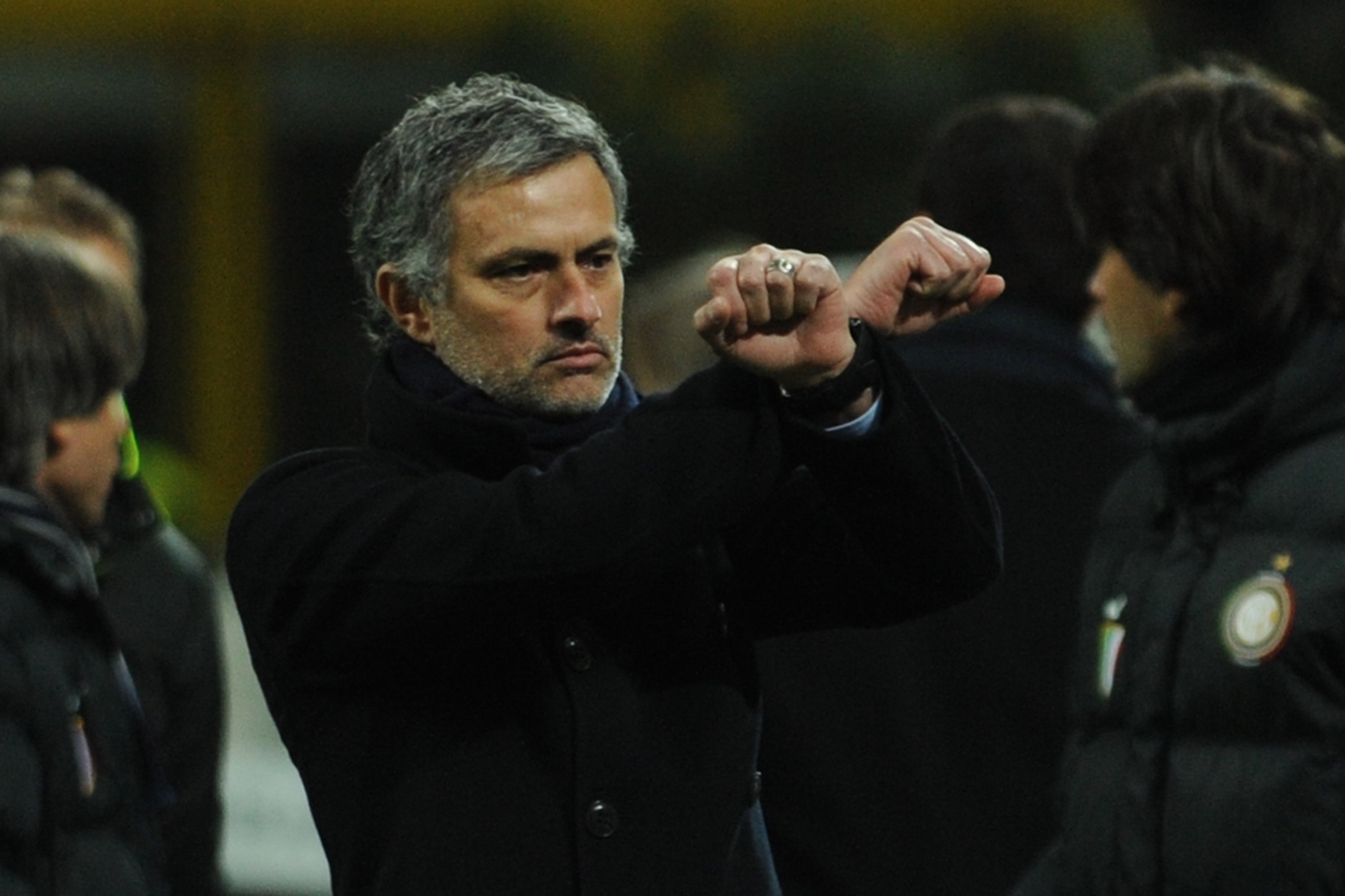 MILAN, ITALY - FEBRUARY 20:  FC Internazionale Milano head coach Jose Mourinho reacts during the Serie A match between FC Internazionale Milano and UC Sampdoria at Stadio Giuseppe Meazza on February 20, 2010 in Milan, Italy.  (Photo by Valerio Pennicino/G