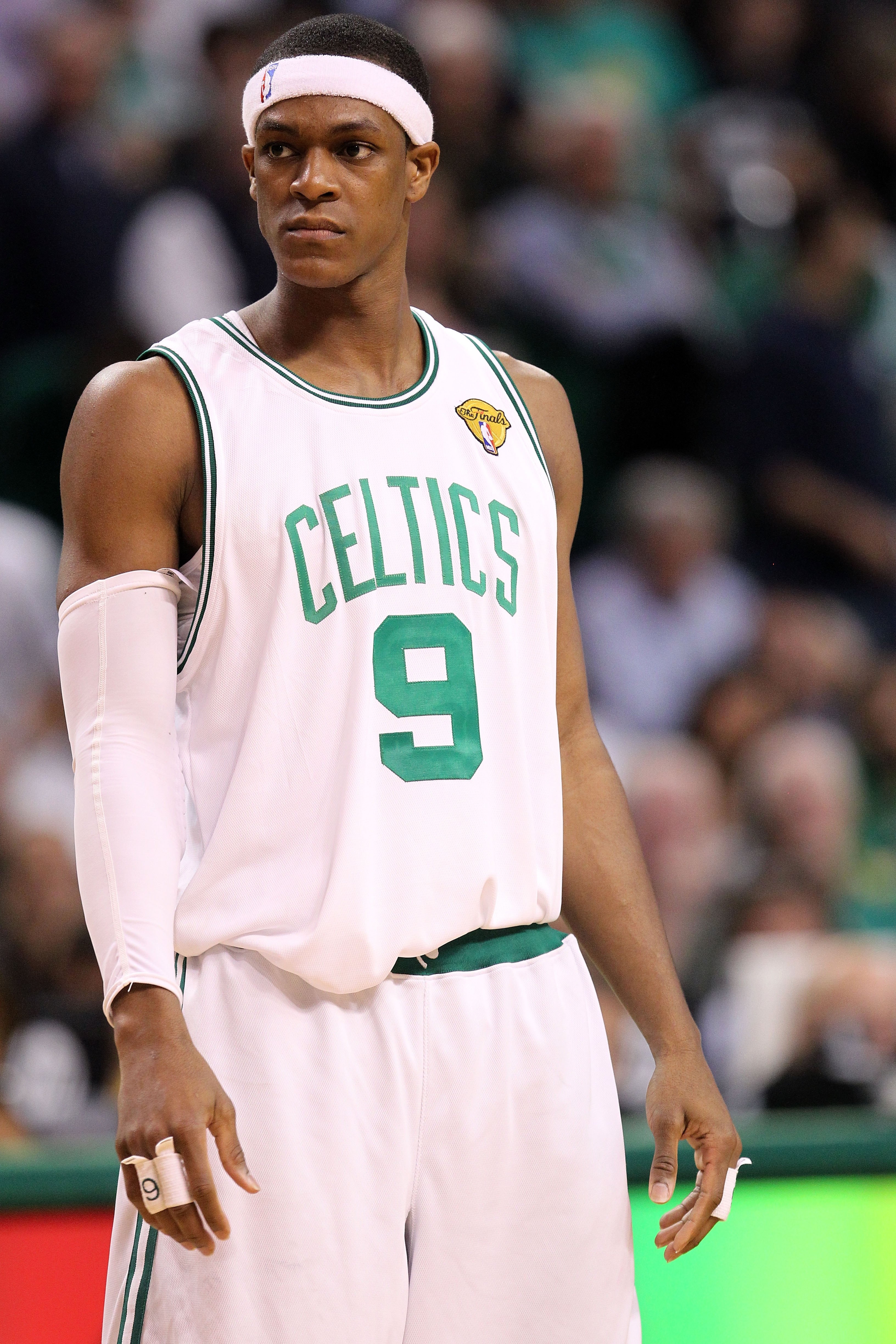 BOSTON - JUNE 10:  Rajon Rondo #9 of the Boston Celtics looks on against the Los Angeles Lakers during Game Four of the 2010 NBA Finals on June 10, 2010 at TD Garden in Boston, Massachusetts. The Celtics won 96-89. NOTE TO USER: User expressly acknowledge