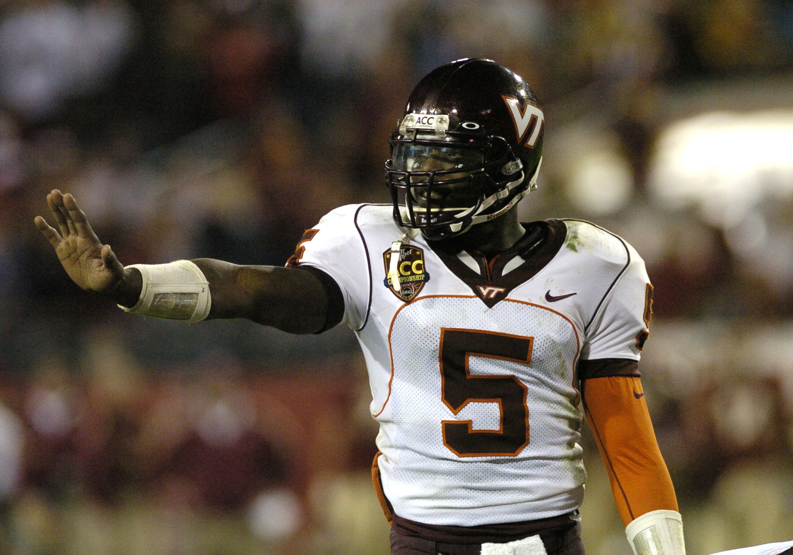 Virginia Tech quarterback Marcus Vick directs play against  Florida State at  the 2005 ACC Football Championship Game on December 3, 2005 in Jacksonville, Florida. FSU upset Virginia Tech 27 - 22 to win the ACC championship. (Photo by A. Messerschmidt/Get