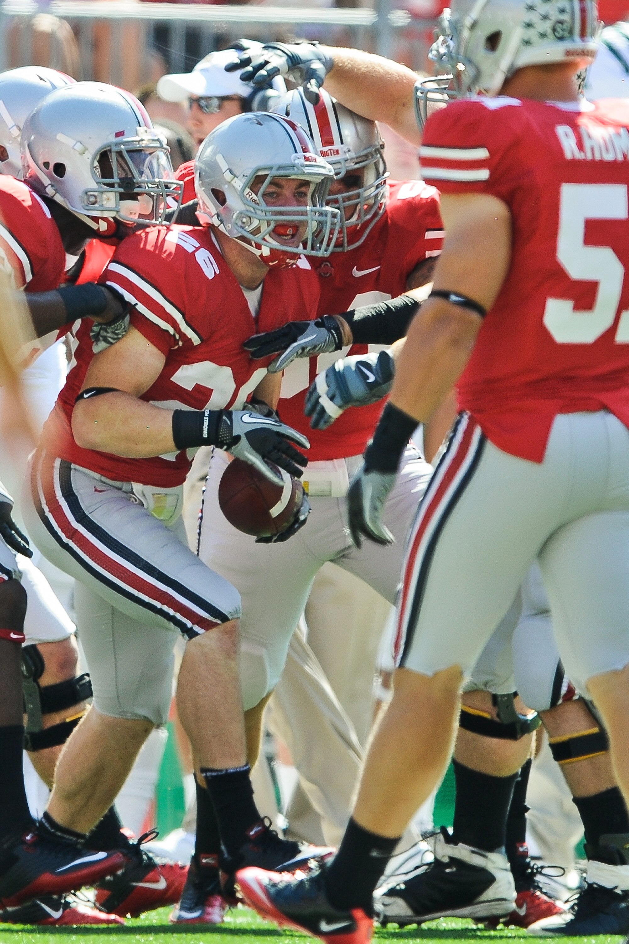 COLUMBUS, OH - SEPTEMBER 18:  Tyler Moeller #26 of the Ohio State Buckeyes celebrates his interception against the Ohio Bobcats at Ohio Stadium on September 18, 2010 in Columbus, Ohio.  (Photo by Jamie Sabau/Getty Images)