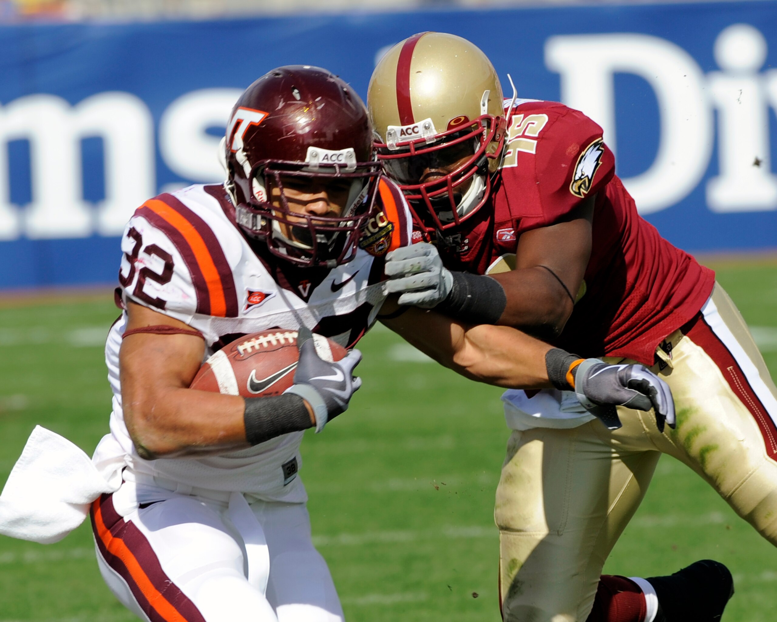 TAMPA, FL - DECEMBER 6: Free safety Wes Davis #45 of the Boston College Eagles stops running back Darren Evans #32 of the Virginia Tech Hokies  in the 2008 ACC Football Championship game at Raymond James Stadium on December 6, 2008 in Tampa, Florida.  (Ph